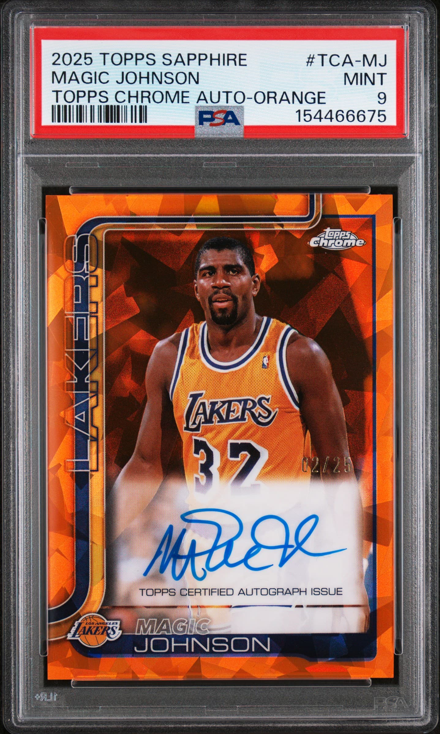 2025 TOPPS CHROME SAPPHIRE EDITION TOPPS CHROME AUTOGRAPHS MAGIC JOHNSON #TCA-MJ TOPPS CHROME AUTO-ORANGE MINT 9 154466675