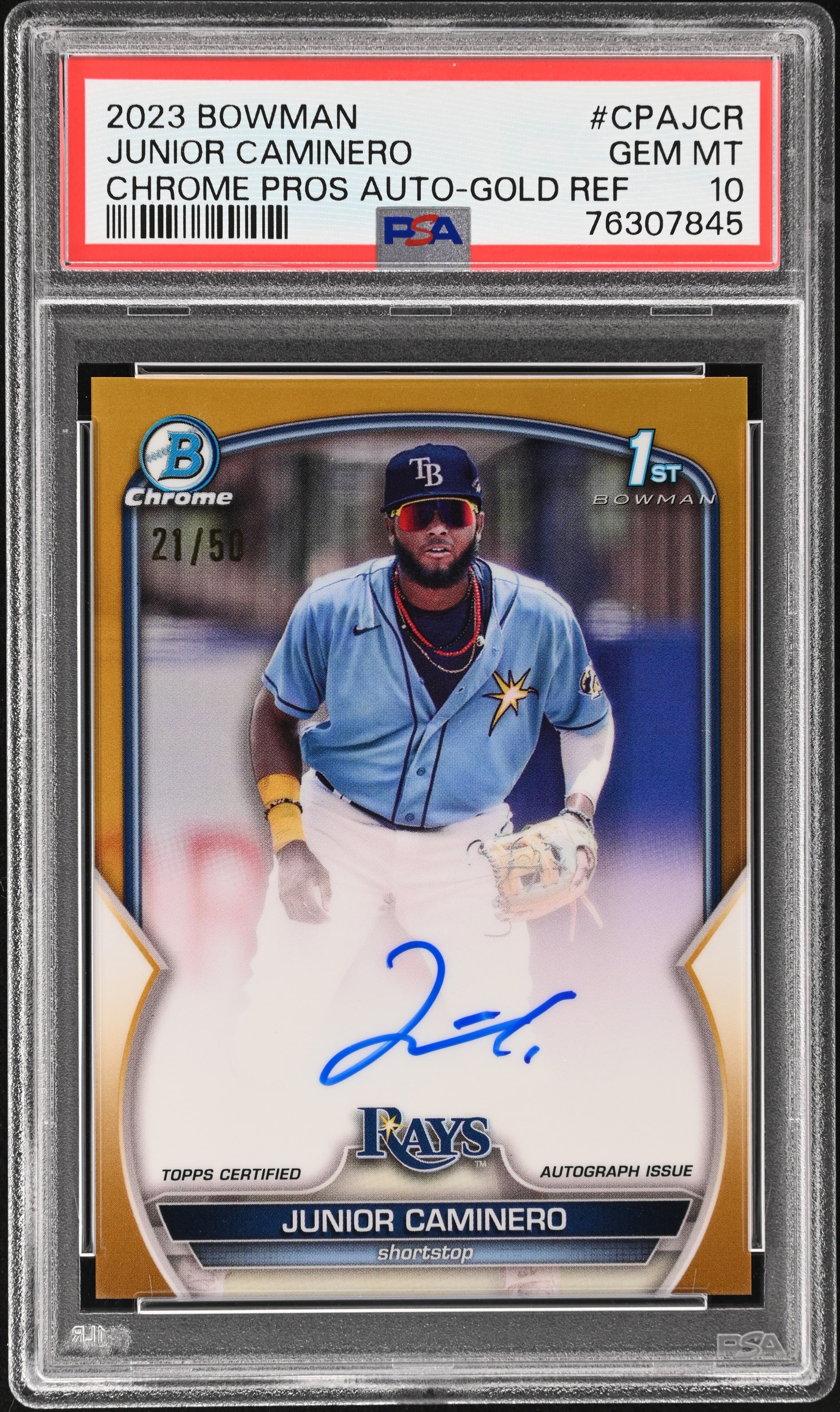 2023 BOWMAN CHROME PROSPECT AUTOGRAPHS JUNIOR CAMINERO #CPAJCR CHR PROSPECT AUTO-GOLD REF GEM MT 10 76307845