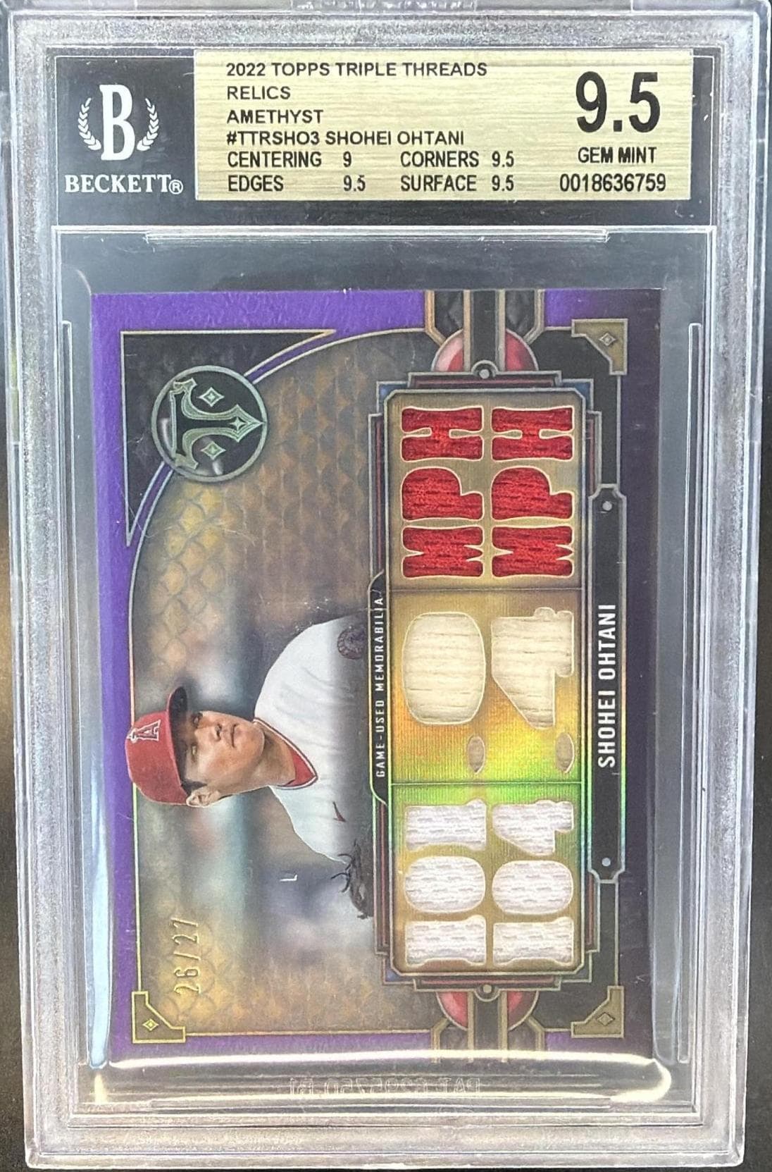 2022 TOPPS TRIPLE THREADS SHOHEI OHTANI RELICS AMETHYST /27 #TTR-SHO3 BGS 9.5