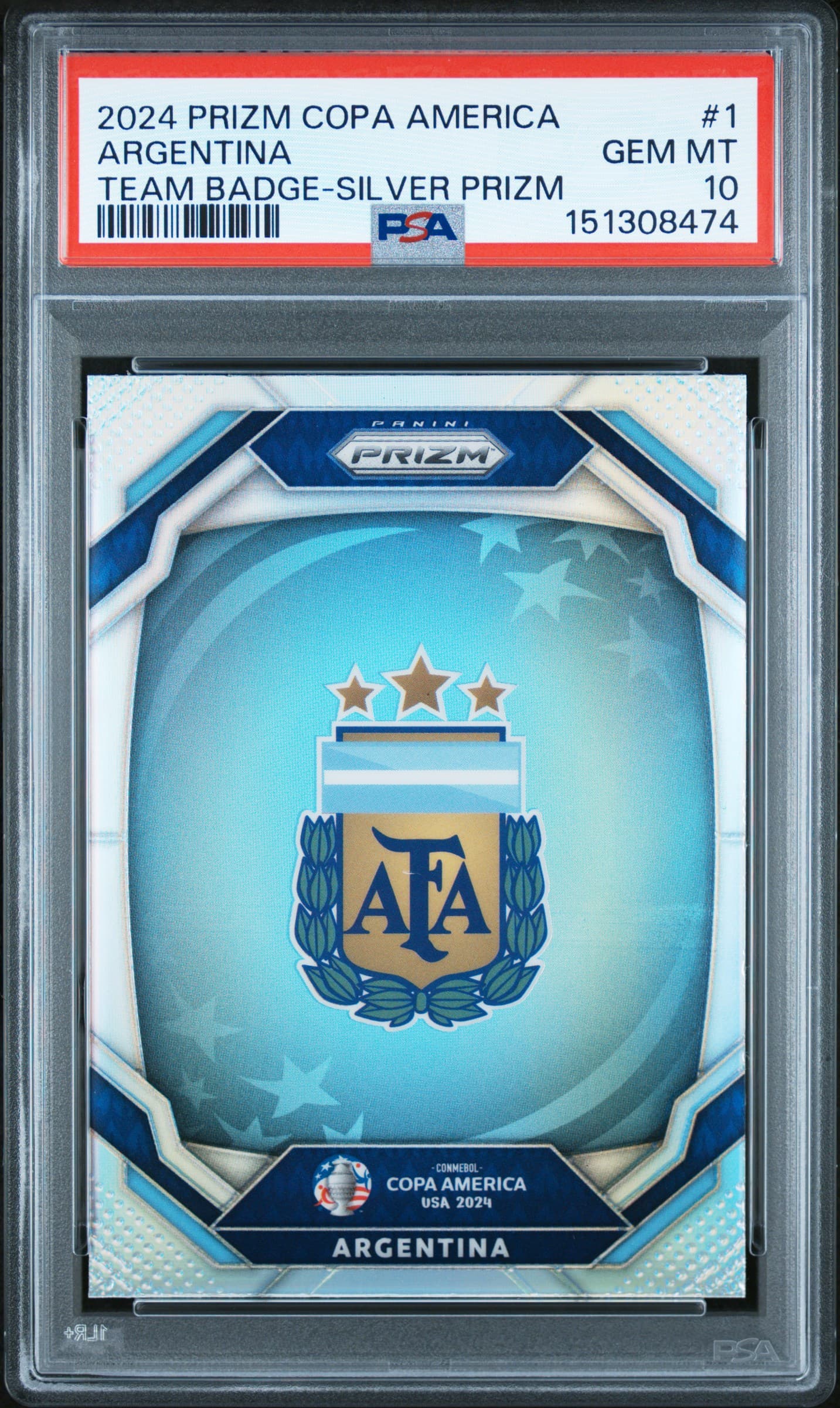2024 PANINI PRIZM CONMEBOL COPA AMERICA TEAM BADGES ARGENTINA #1 TEAM BADGE-SILVER PRIZM GEM MT 10 151308474