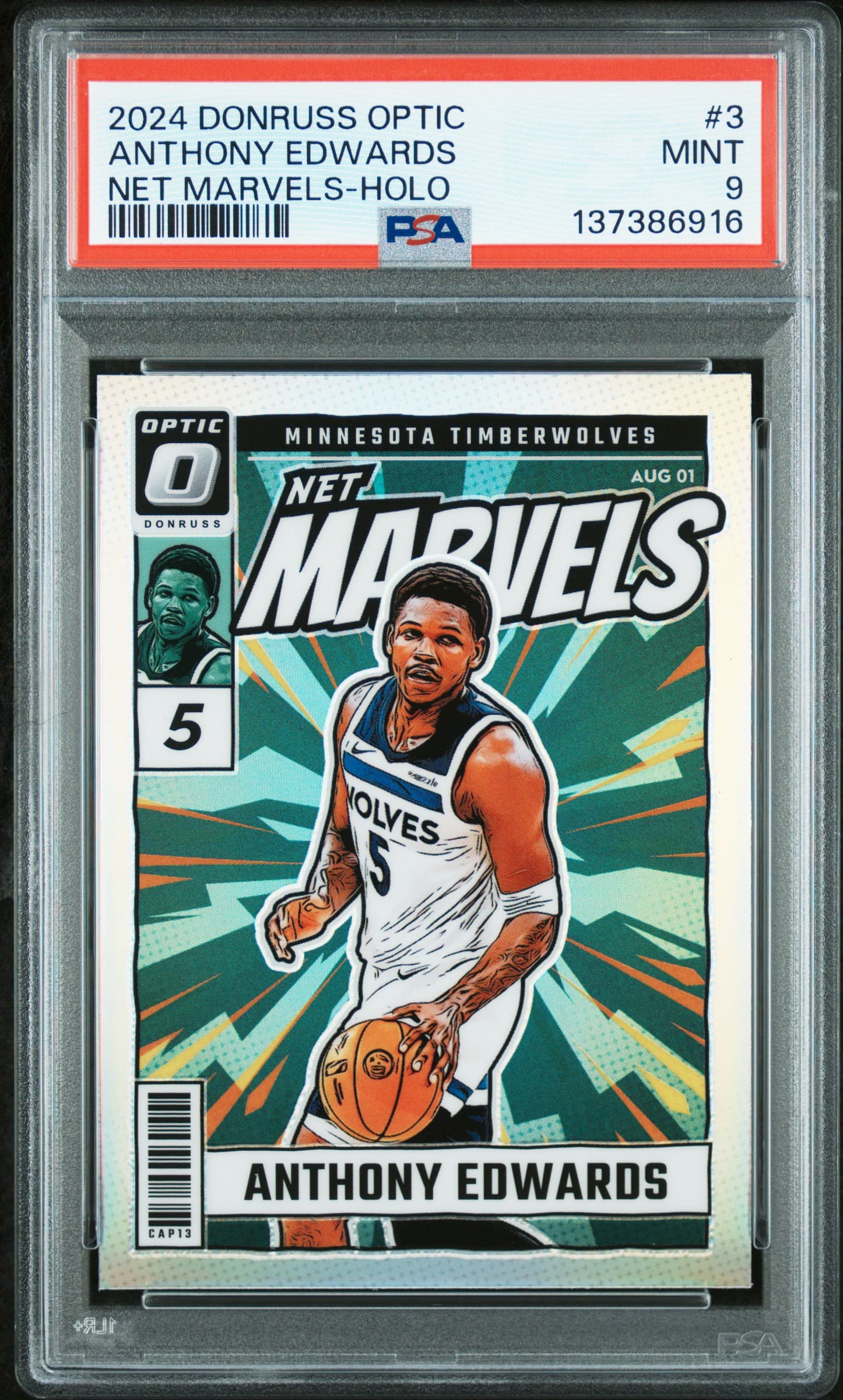 2024 PANINI DONRUSS OPTIC NET MARVELS ANTHONY EDWARDS #3 NET MARVELS-HOLO MINT 9 137386916