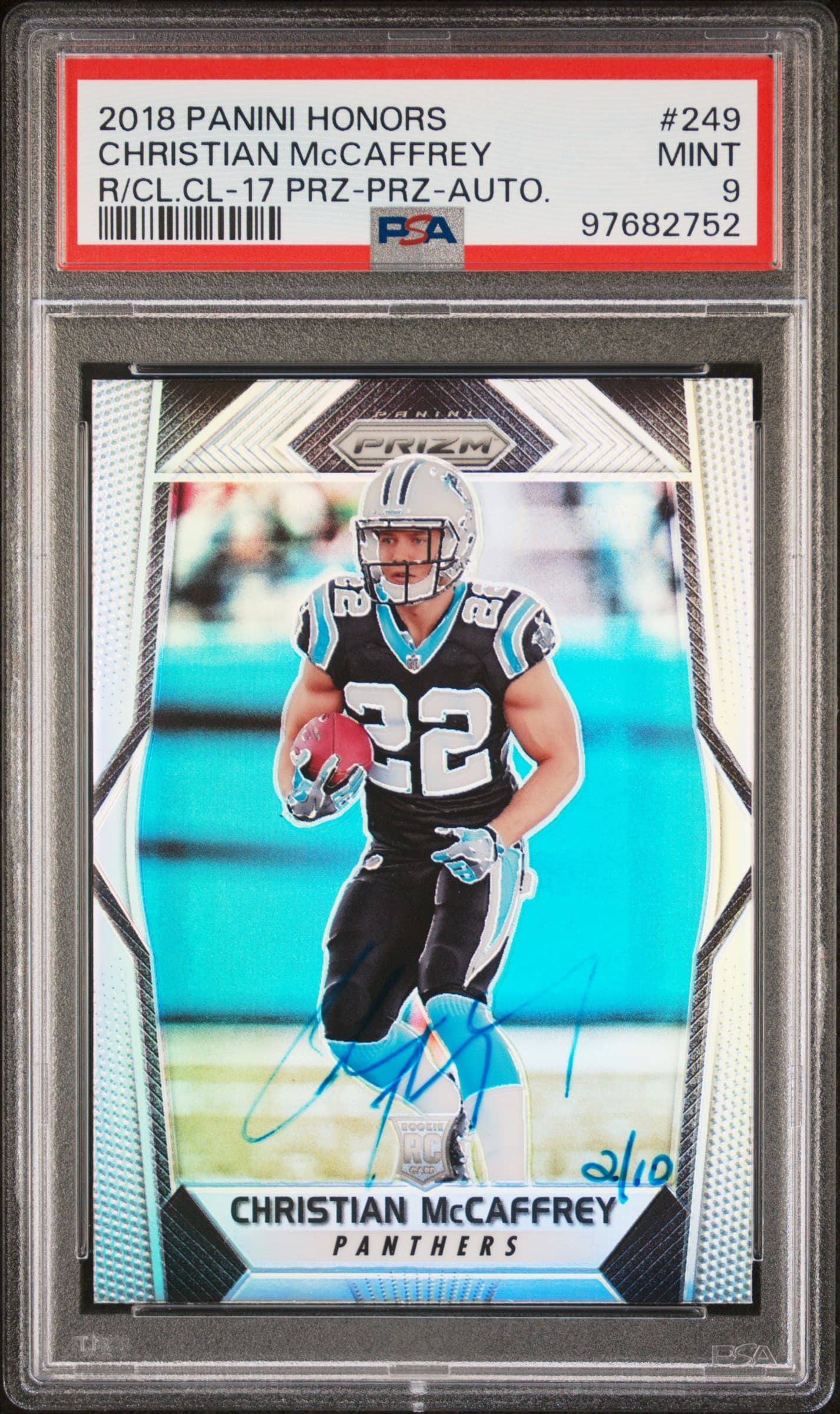 2018 PANINI HONORS RECOLLECTION COLLECTION CHRISTIAN McCAFFREY #249 R/CL.CL-17 PRZ-PRZ-AUTO. MINT 9 97682752