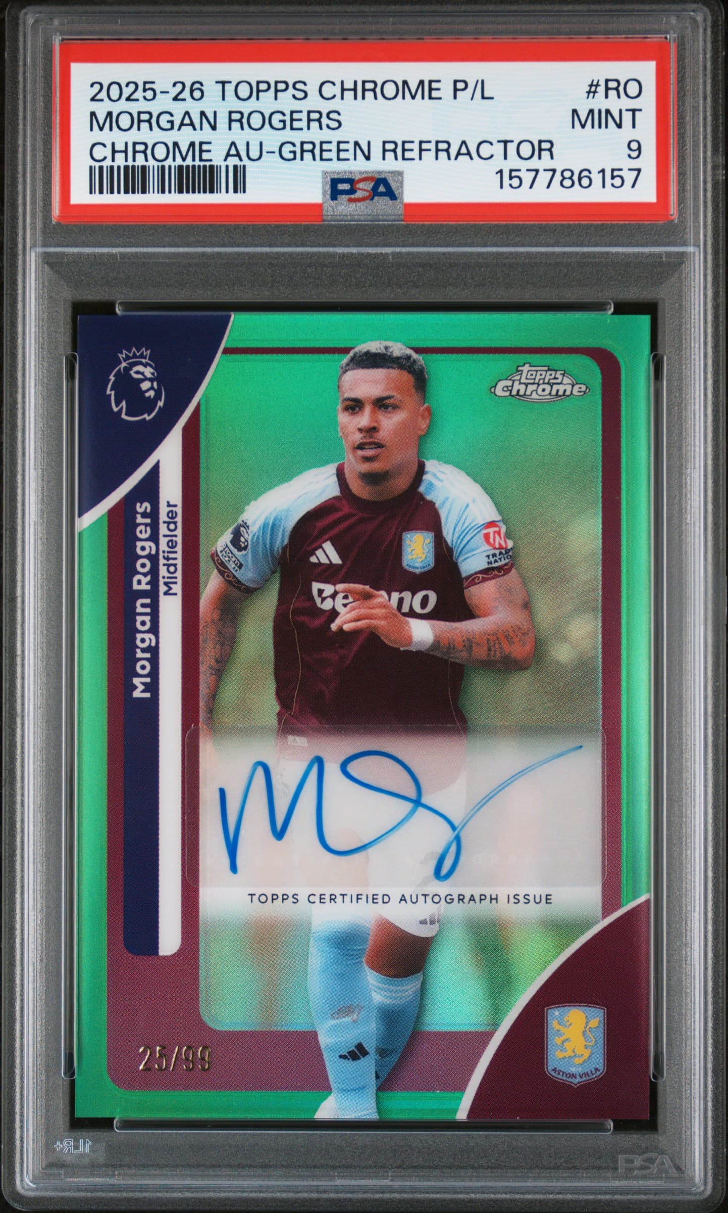2025-2026 TOPPS CHROME PREMIER LEAGUE CHROME AUTOGRAPHS MORGAN ROGERS #RO CHROME AU-GREEN REFRACTOR MINT 9 157786157