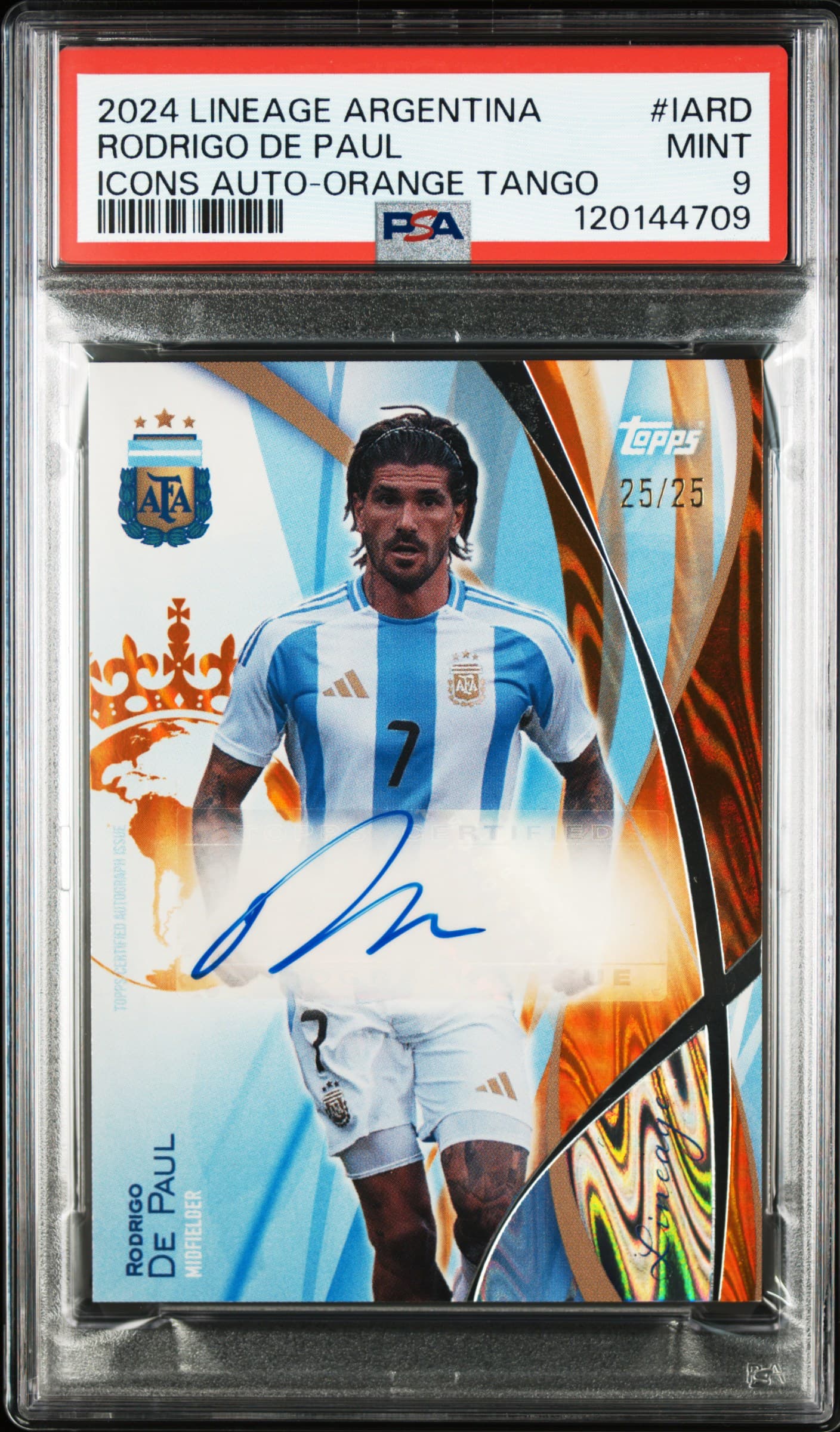 2024 TOPPS LINEAGE ARGENTINA ARGENTINA ICONS AUTOGRAPHS RODRIGO DE PAUL #IARD ICONS AUTO-ORANGE TANGO MINT 9 120144709
