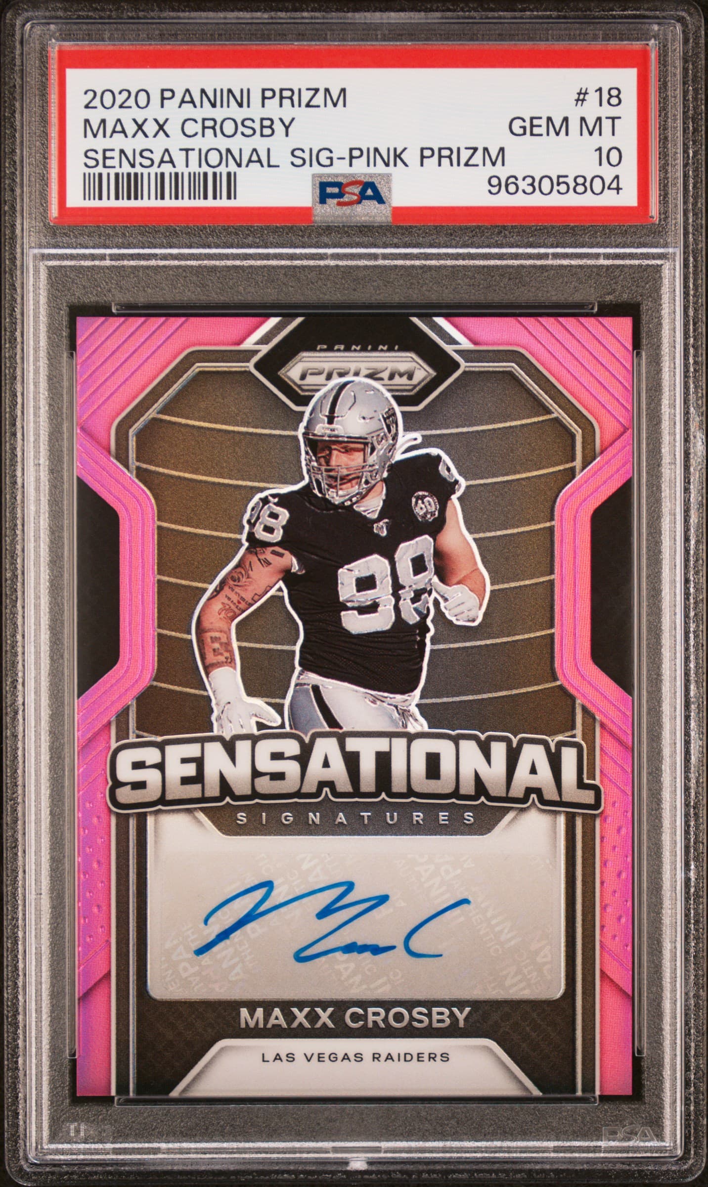 2020 PANINI PRIZM SENSATIONAL SIGNATURES MAXX CROSBY #18 SENSATIONAL SIG-PINK PRIZM GEM MT 10 96305804