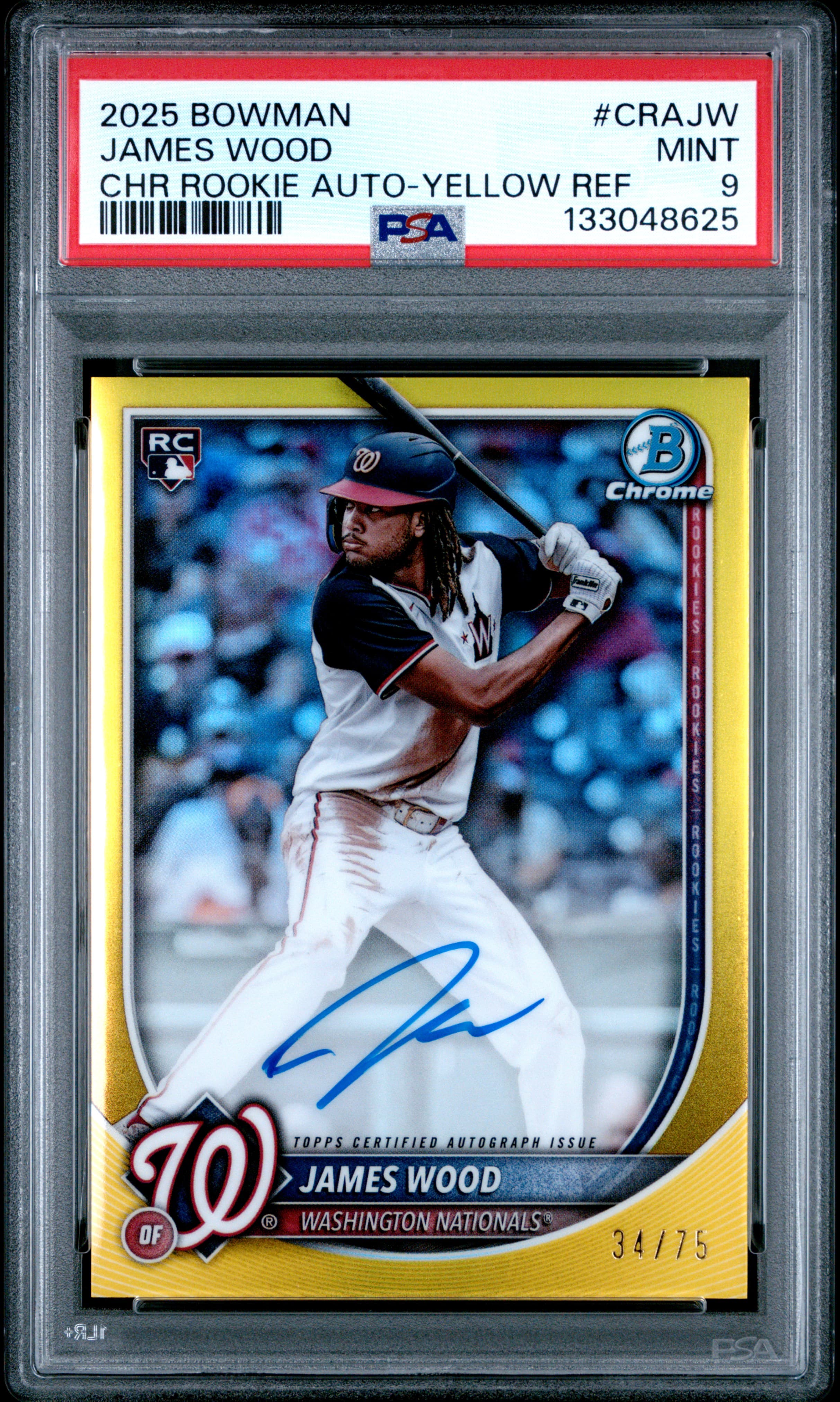 2025 BOWMAN CHROME ROOKIE AUTOGRAPHS JAMES WOOD #CRAJW CHR ROOKIE AUTO-YELLOW REF MINT 9 133048625