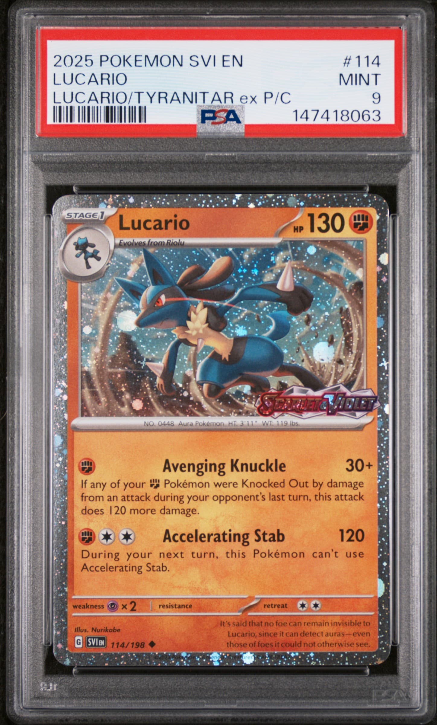 2025 POKEMON SVI EN-SCARLET & VIOLET LUCARIO #114 LUCARIO/TYRANITAR ex P/C MINT 9 147418063