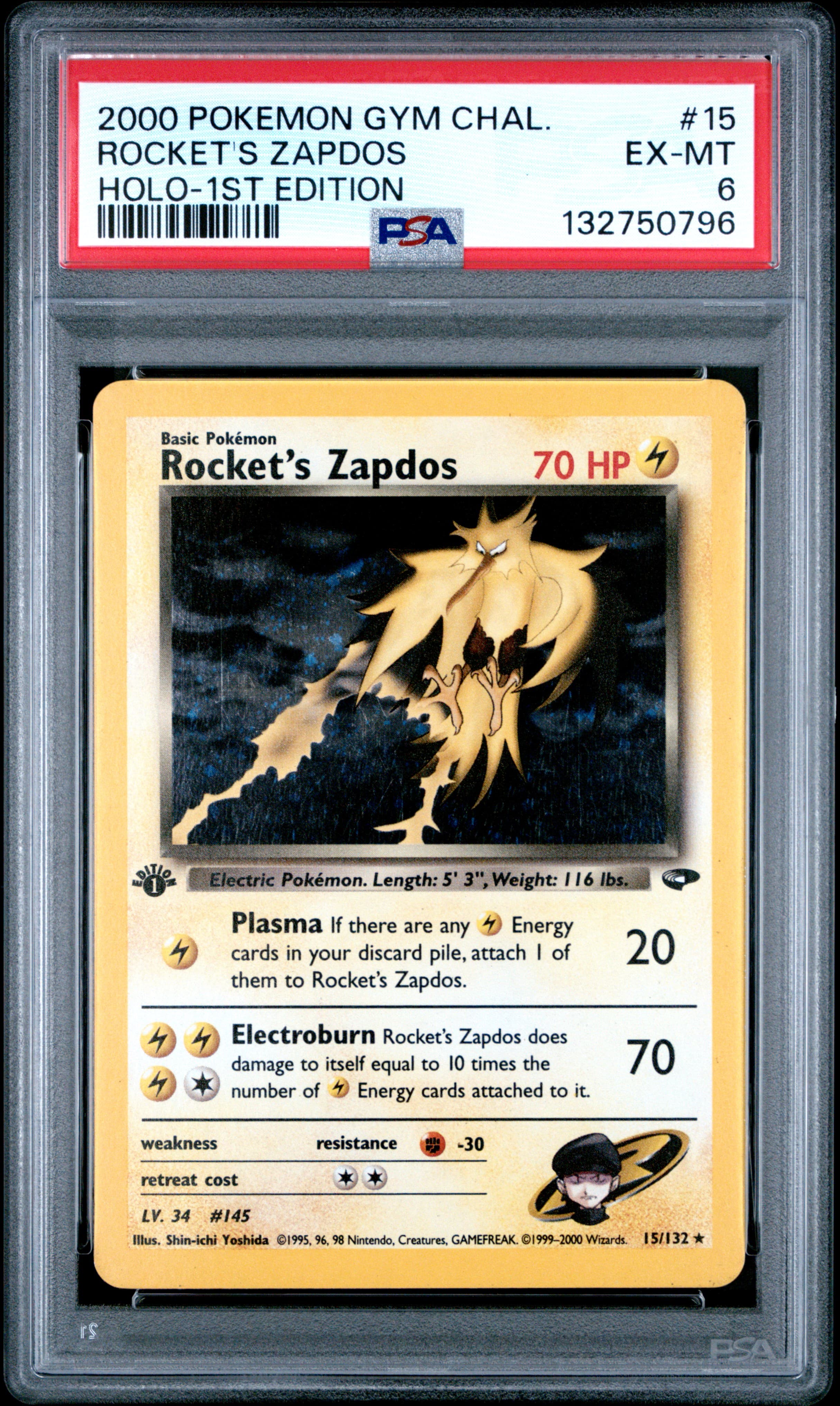 2000 POKEMON GYM CHALLENGE ROCKET'S ZAPDOS #15 HOLO-1ST EDITION EX-MT 6 132750796