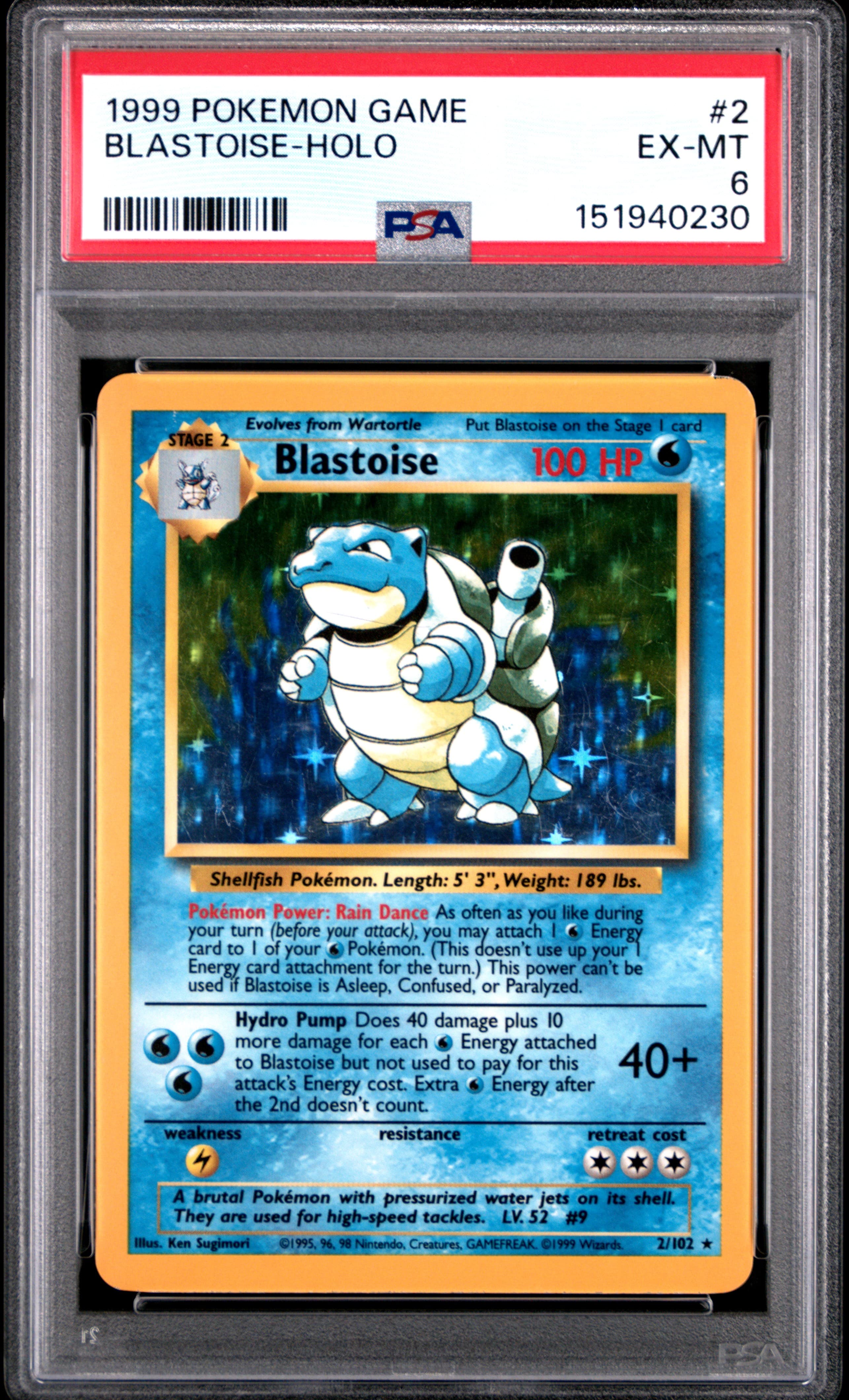1999 POKEMON GAME BLASTOISE-HOLO #2 EX-MT 6 151940230