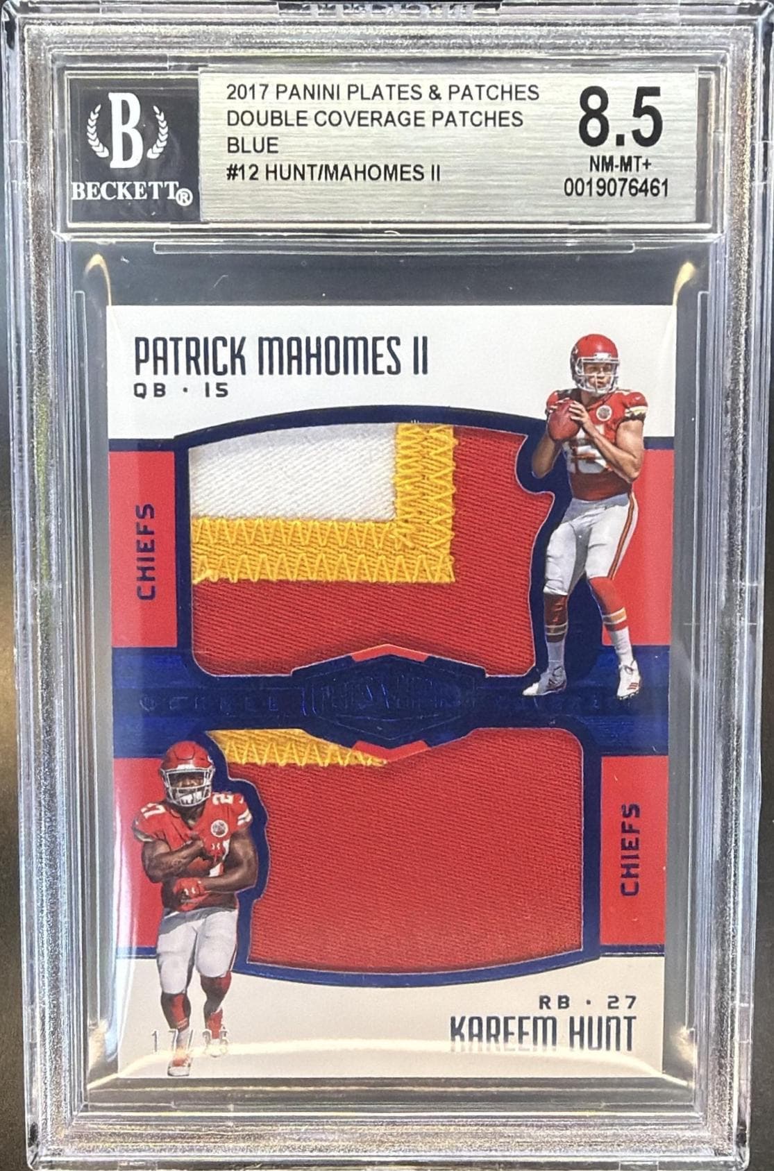 2017 PANINI PLATES & PATCHES PATRICK MAHOMES II/KAREEM HUNT DOUBLE COVERAGE PATCHES BLUE /25 #12 BGS 8.5
