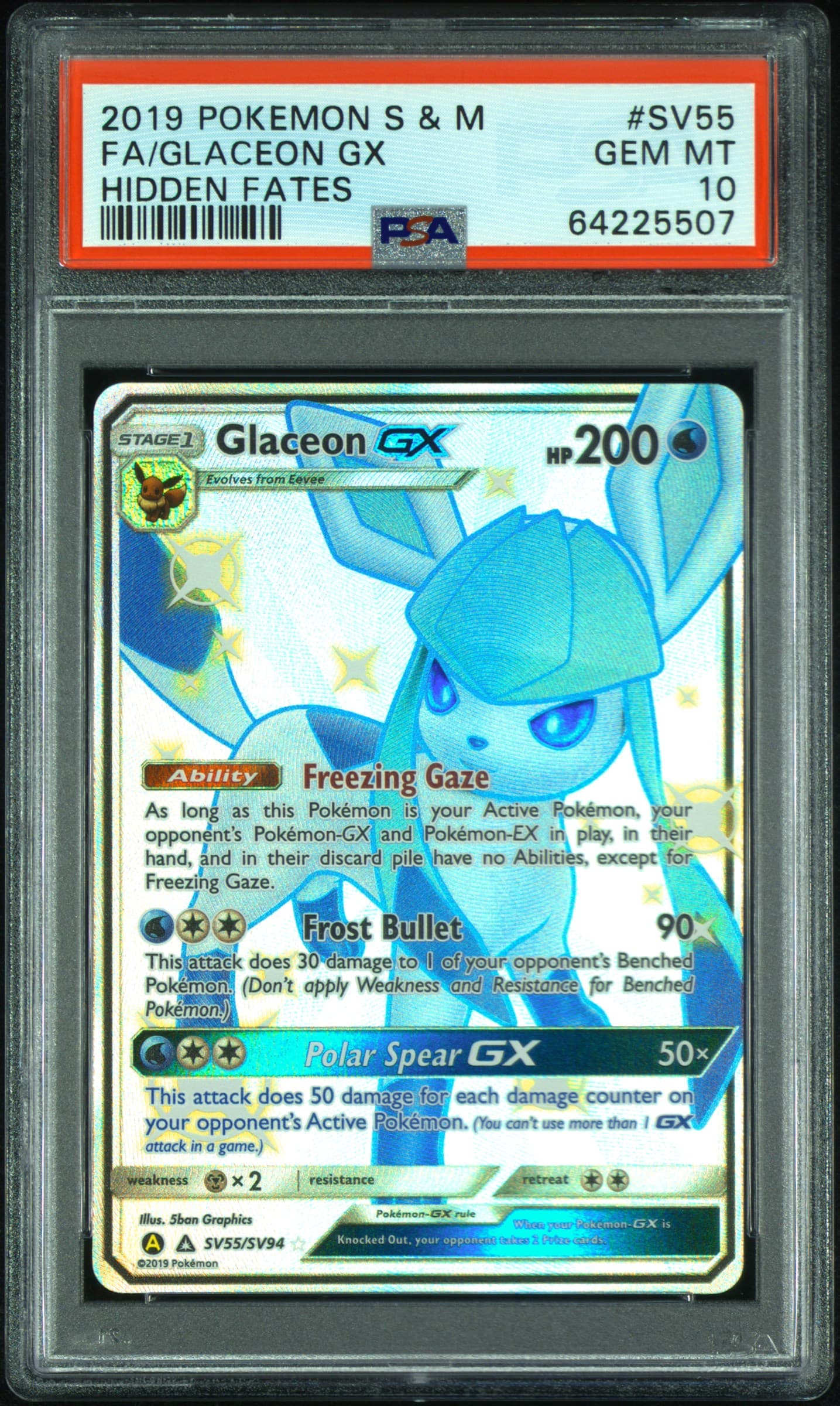 2019 POKEMON SUN & MOON HIDDEN FATES FA/GLACEON GX #SV55 HIDDEN FATES GEM MT 10 64225507