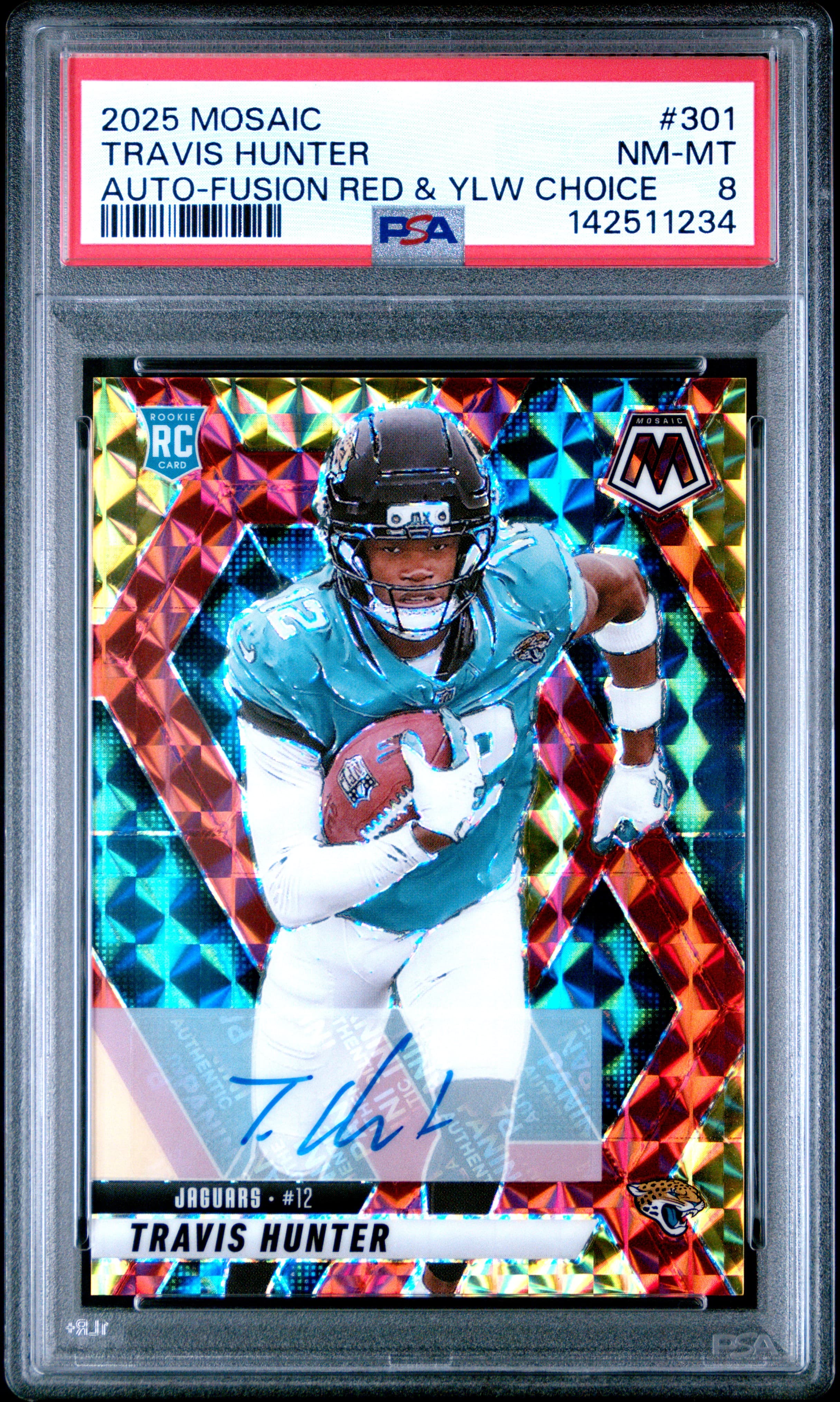 2025 PANINI MOSAIC TRAVIS HUNTER #301 AUTO-FUSION RED & YLW CHOICE NM-MT 8 142511234