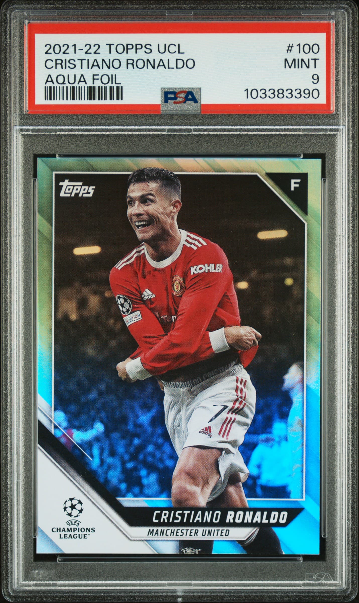 2021-2022 TOPPS UEFA CHAMPIONS LEAGUE CRISTIANO RONALDO #100 AQUA FOIL MINT 9 103383390