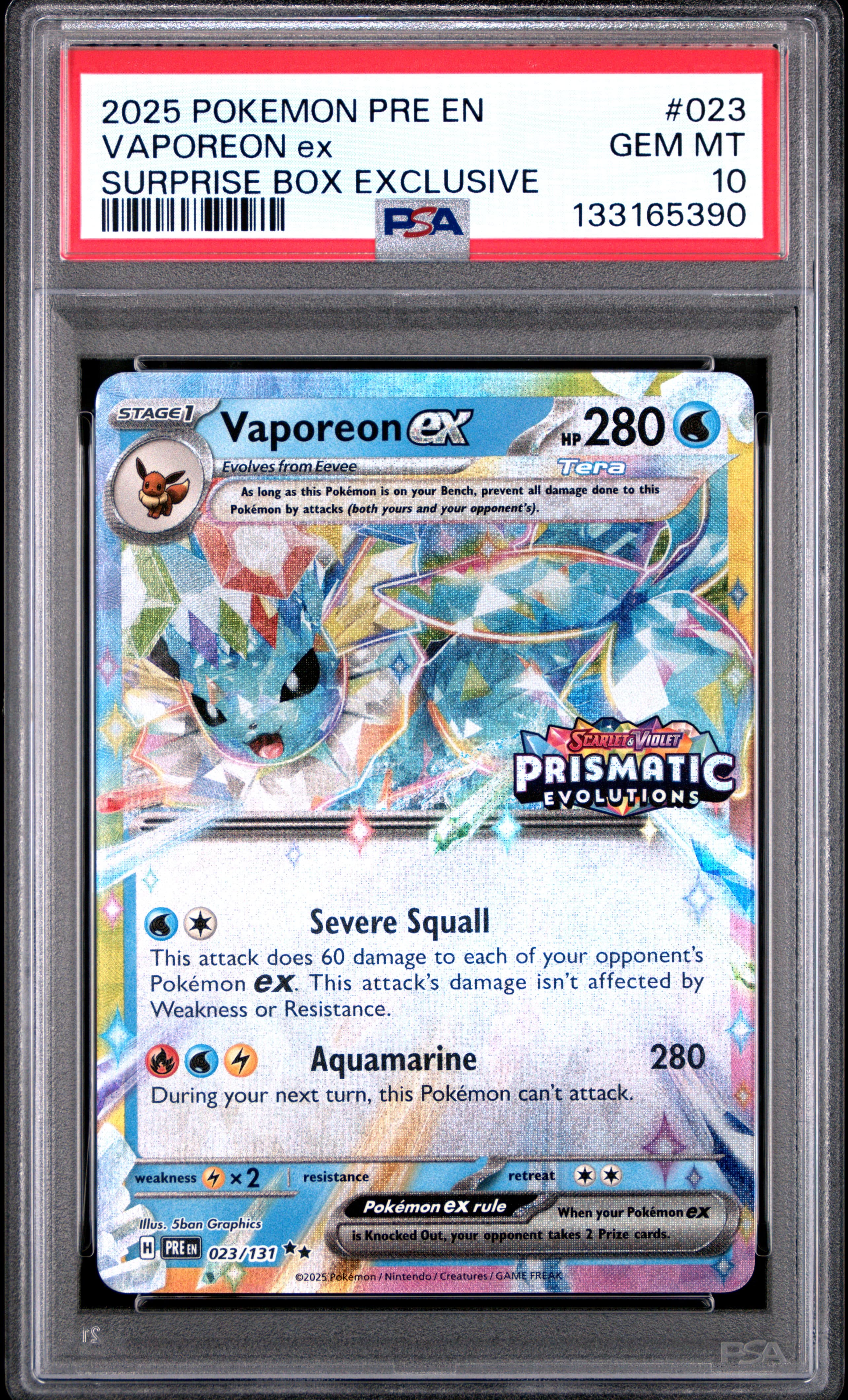 2025 POKEMON PRE EN-PRISMATIC EVOLUTIONS VAPOREON ex #023 SURPRISE BOX EXCLUSIVE GEM MT 10 133165390