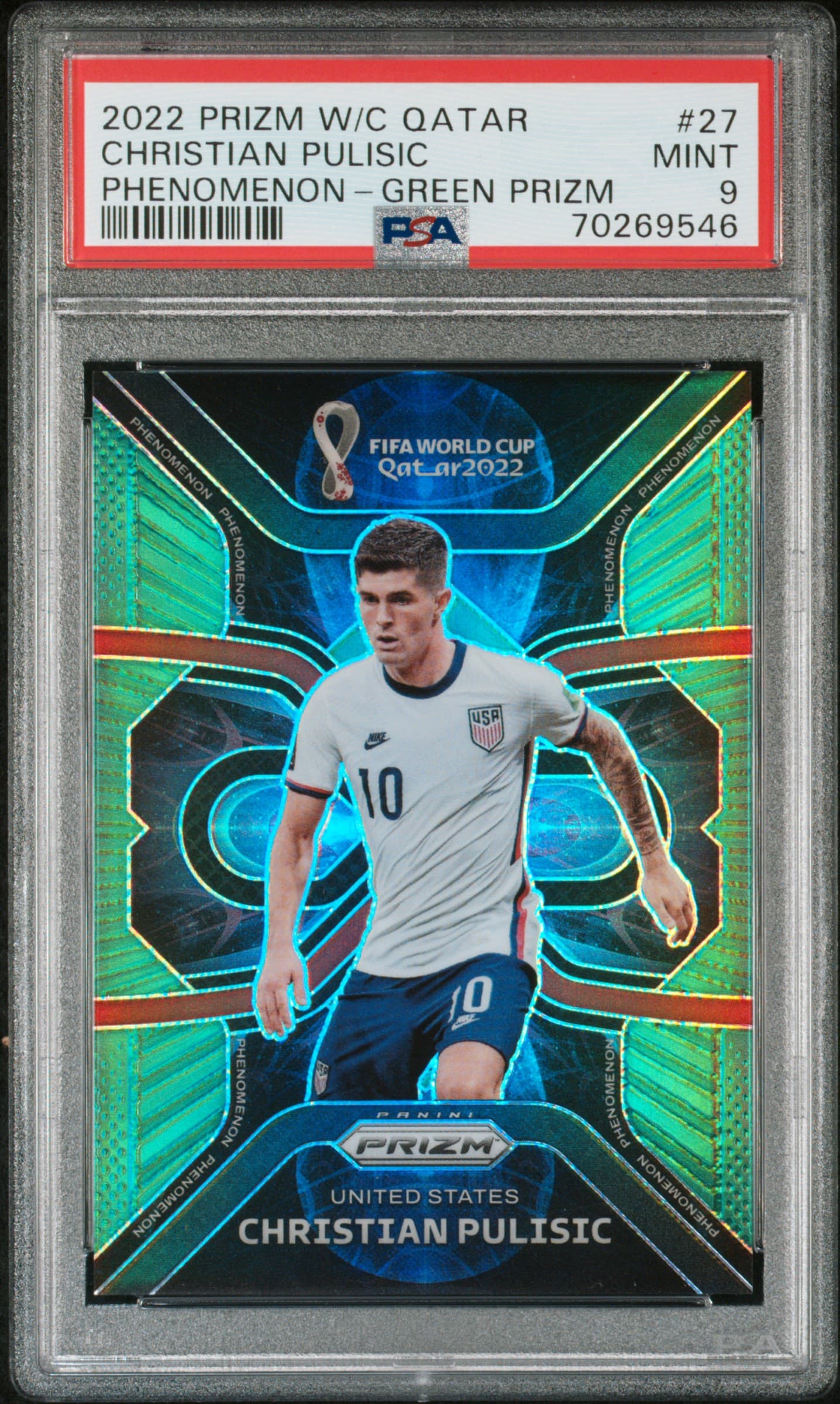 2022 PANINI PRIZM WORLD CUP QATAR PHENOMENON CHRISTIAN PULISIC #27 PHENOMENON-GREEN PRIZM MINT 9 70269546
