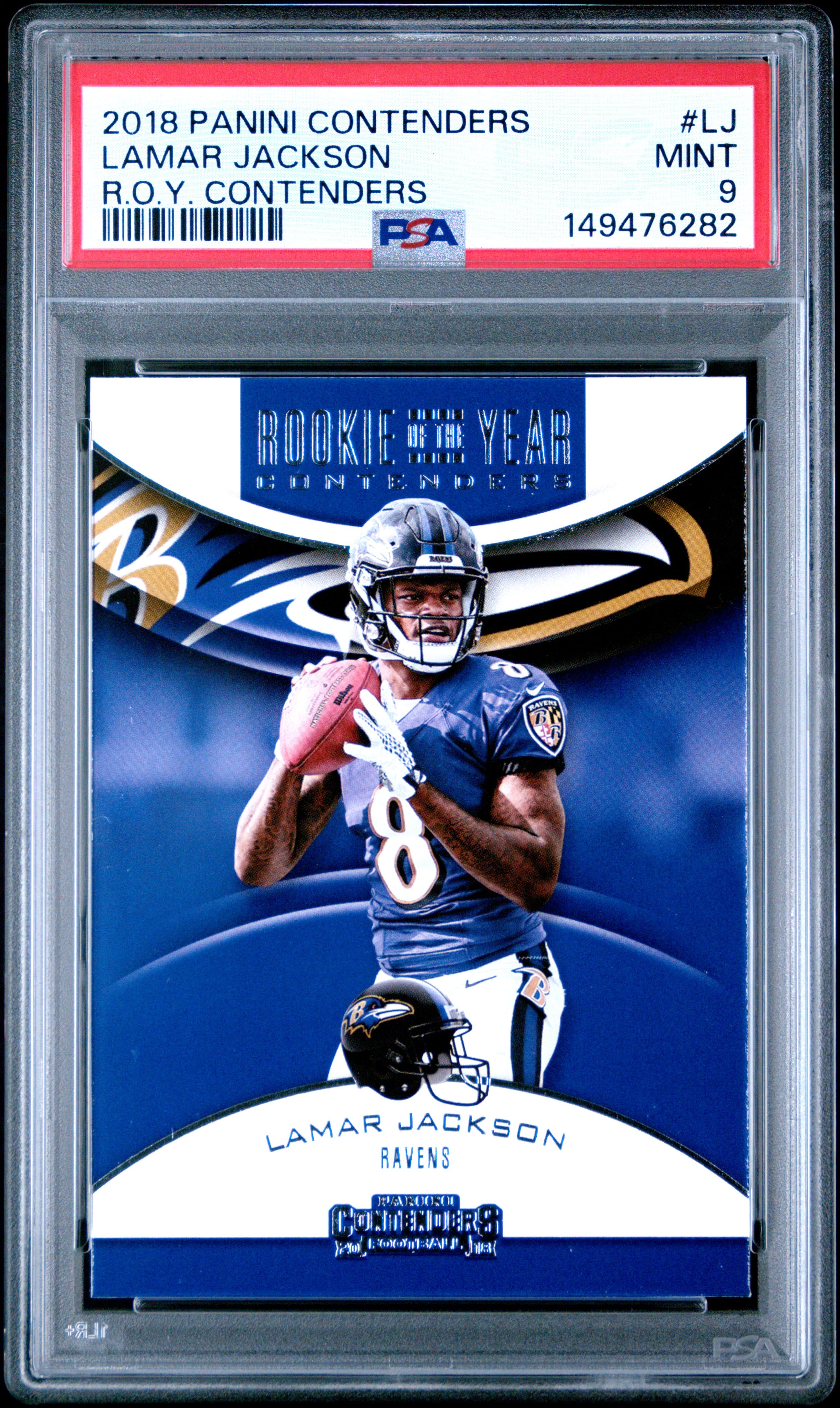2018 PANINI CONTENDERS ROOKIE OF THE YEAR CONTENDERS LAMAR JACKSON #LJ R.O.Y. CONTENDERS MINT 9 149476282