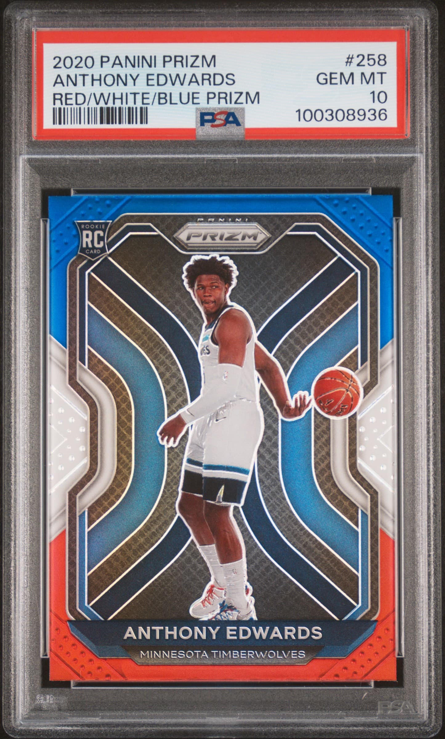 2020 PANINI PRIZM ANTHONY EDWARDS #258 RED/WHITE/BLUE PRIZM GEM MT 10 100308936