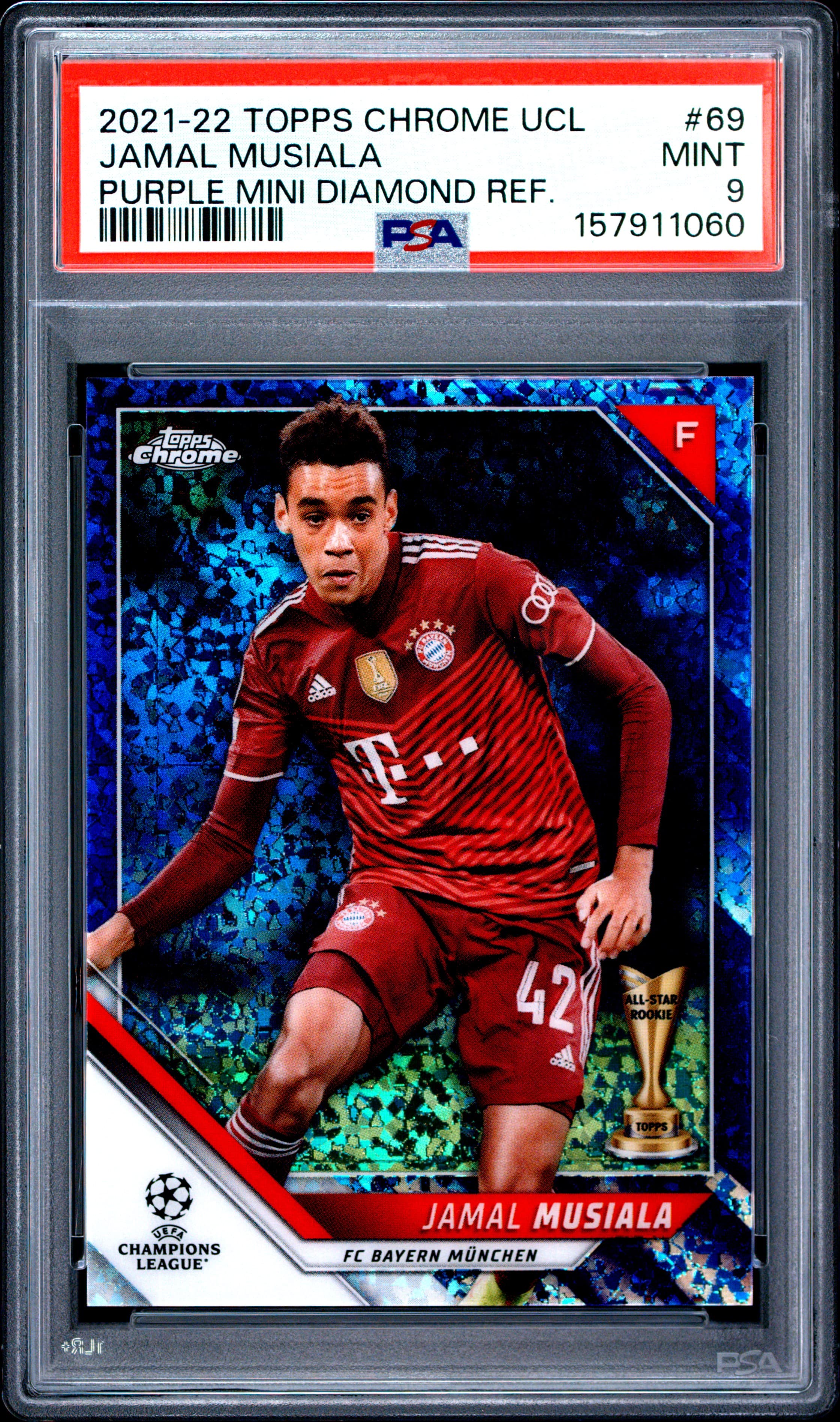 2021 TOPPS CHROME UEFA CHAMPIONS LEAGUE JAMAL MUSIALA #69 PURPLE MINI DIAMOND REF. MINT 9 157911060