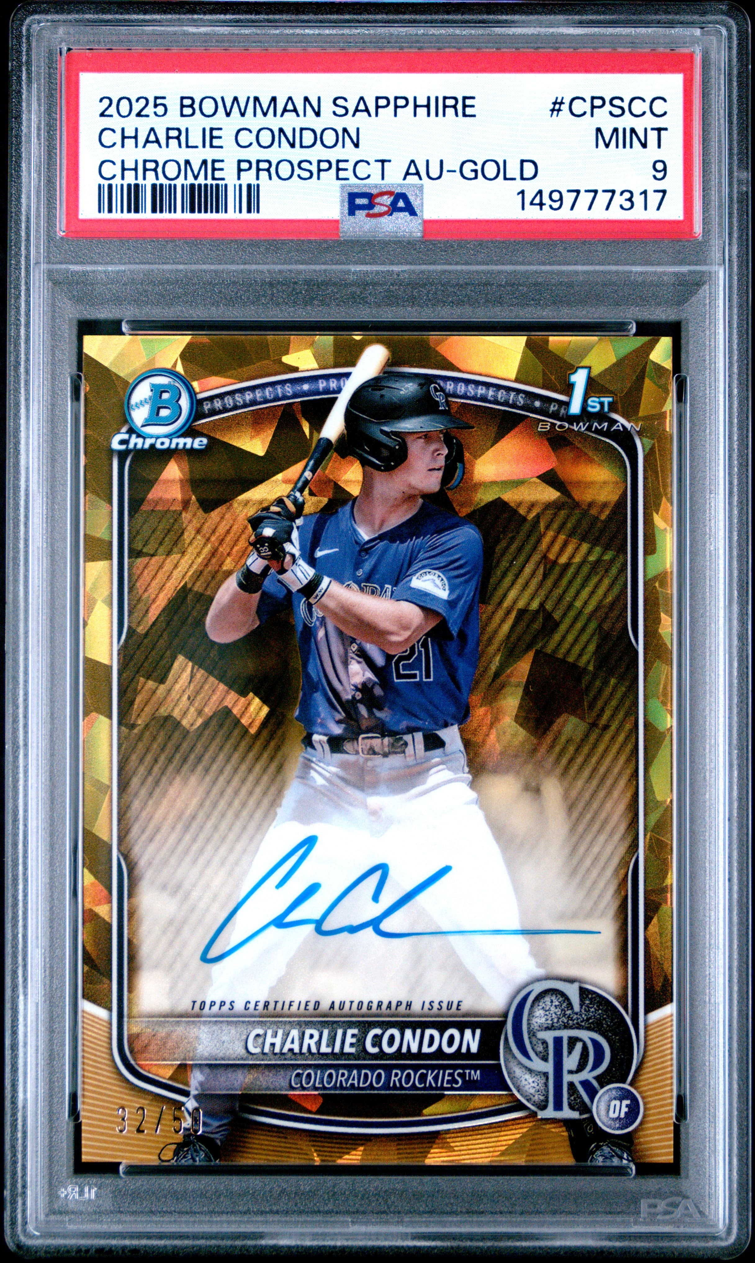 2025 BOWMAN SAPPHIRE EDITION CHROME PROSPECTS SAPPHIRE AUTOGRAPHS CHARLIE CONDON #CPSCC CHROME PROSPECT AU-GOLD MINT 9 149777317