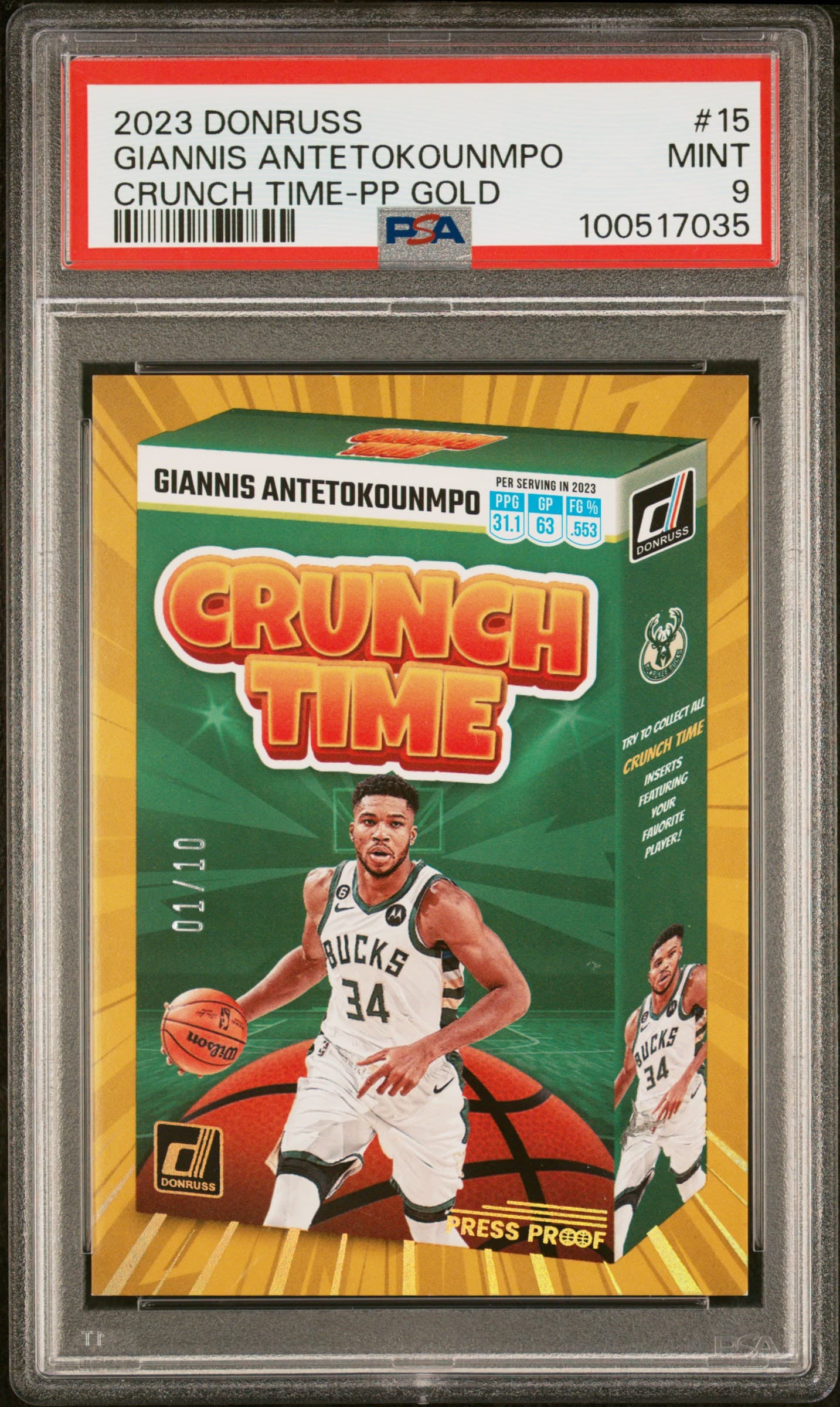 2023 PANINI DONRUSS CRUNCH TIME GIANNIS ANTETOKOUNMPO #15 CRUNCH TIME-PP GOLD MINT 9 100517035