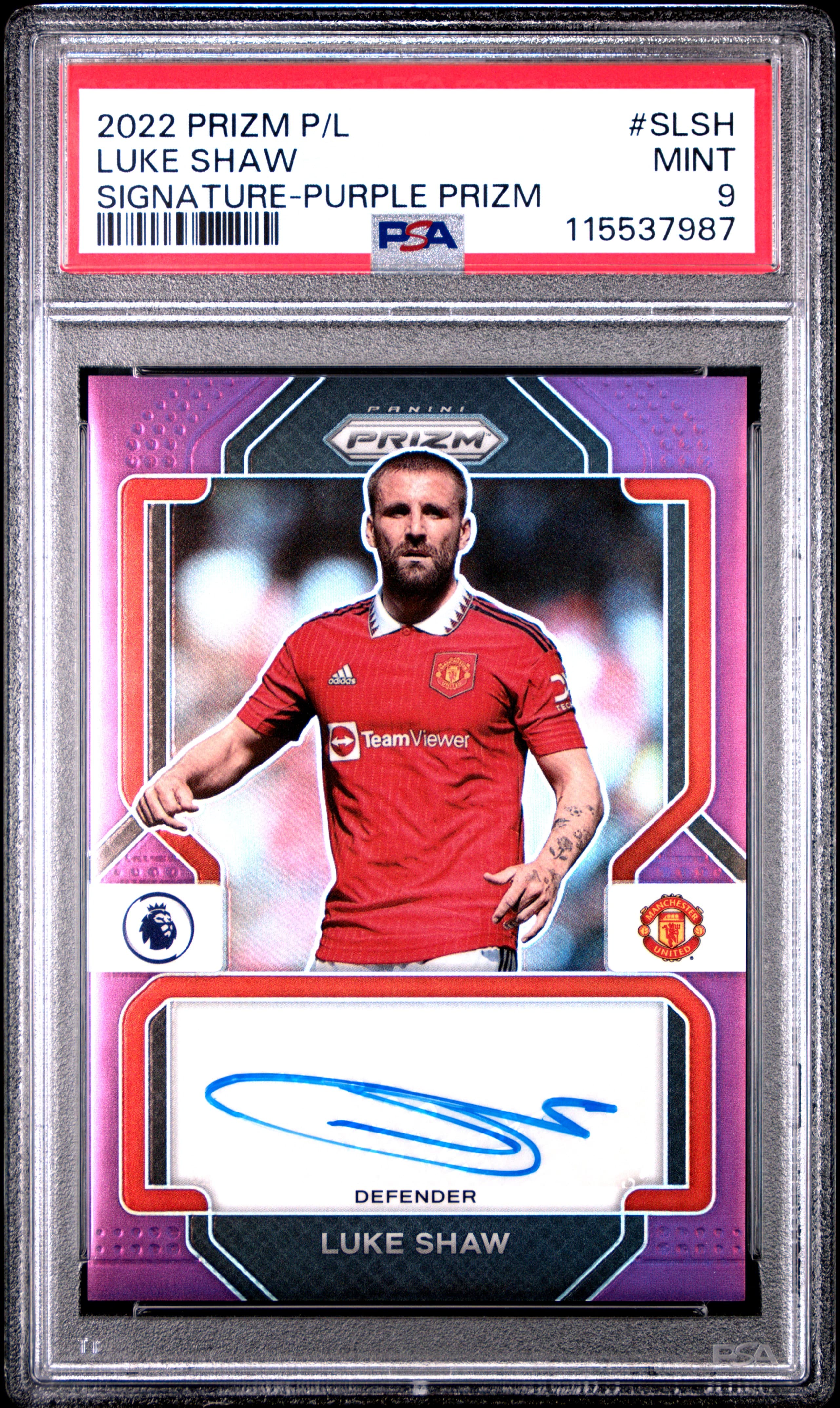 2022-23 PANINI PRIZM PREMIER LEAGUE SIGNATURES LUKE SHAW #SLSH SIGNATURE-PURPLE PRIZM MINT 9 115537987