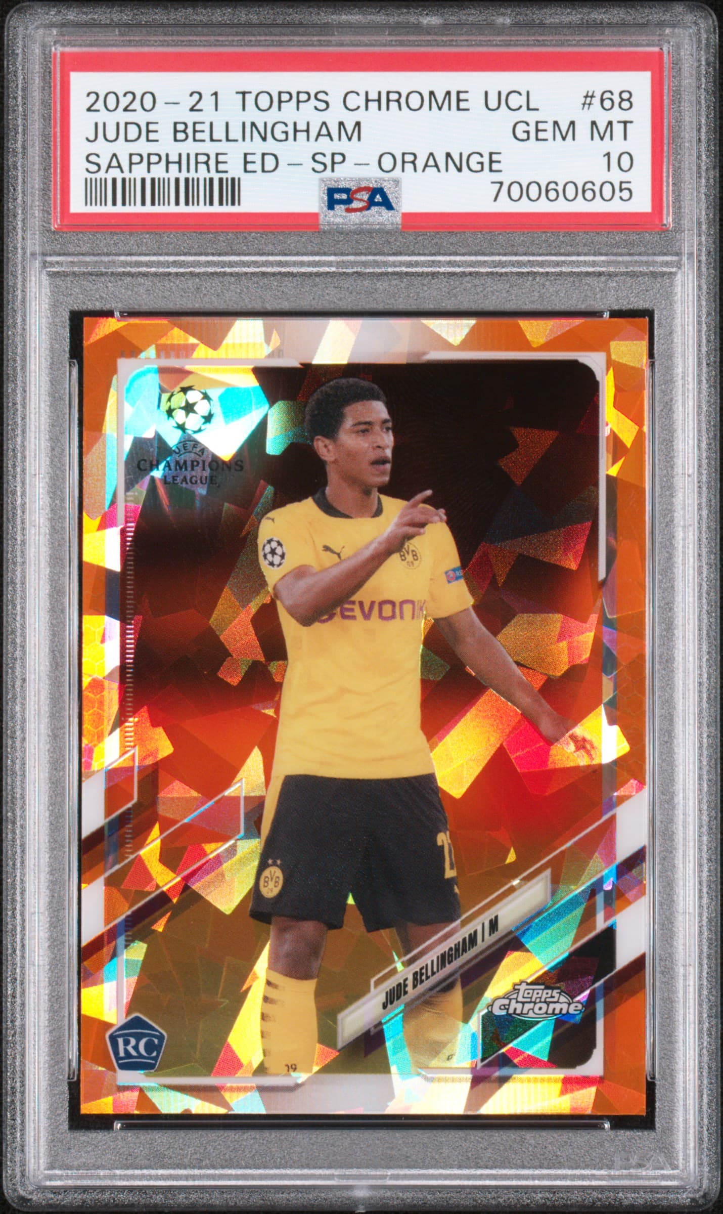 2020 TOPPS CHROME UEFA CHAMPIONS LEAGUE SAPPHIRE EDITION JUDE BELLINGHAM #68 SAPPHIRE ED-SP-ORANGE GEM MT 10 70060605