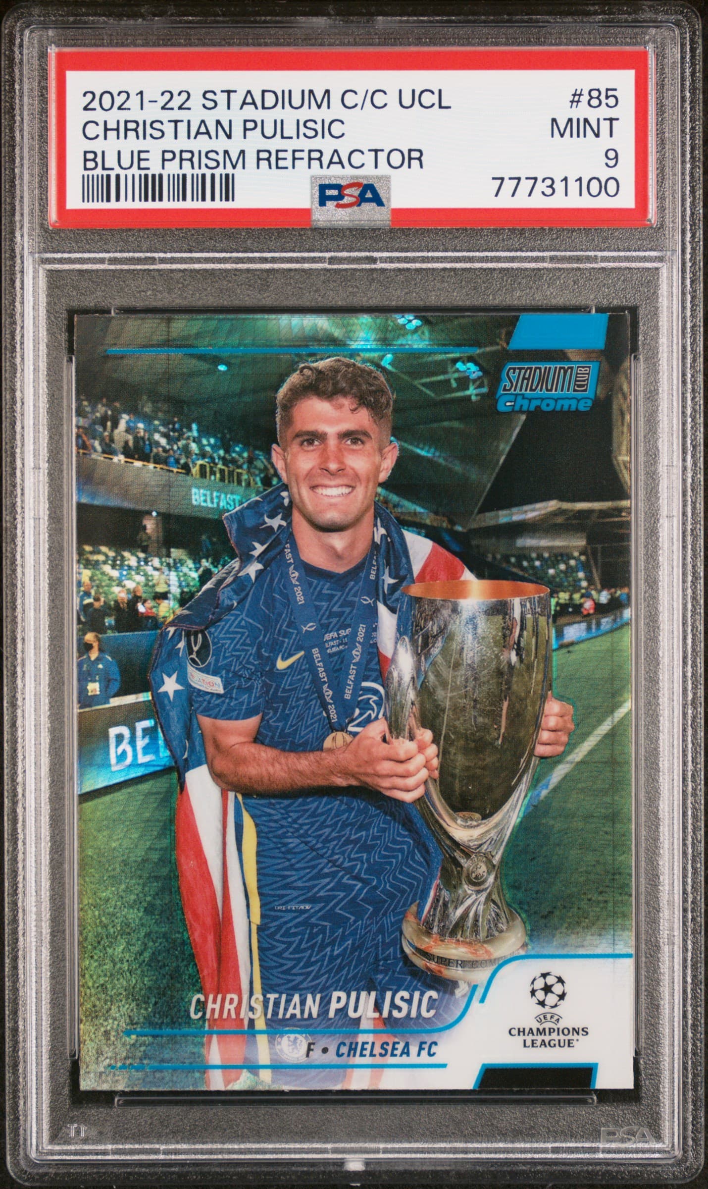 2021-22 TOPPS STADIUM CLUB CHROME UEFA CHAMPIONS LEAGUE CHRISTIAN PULISIC #85 BLUE PRISM REFRACTOR MINT 9 77731100