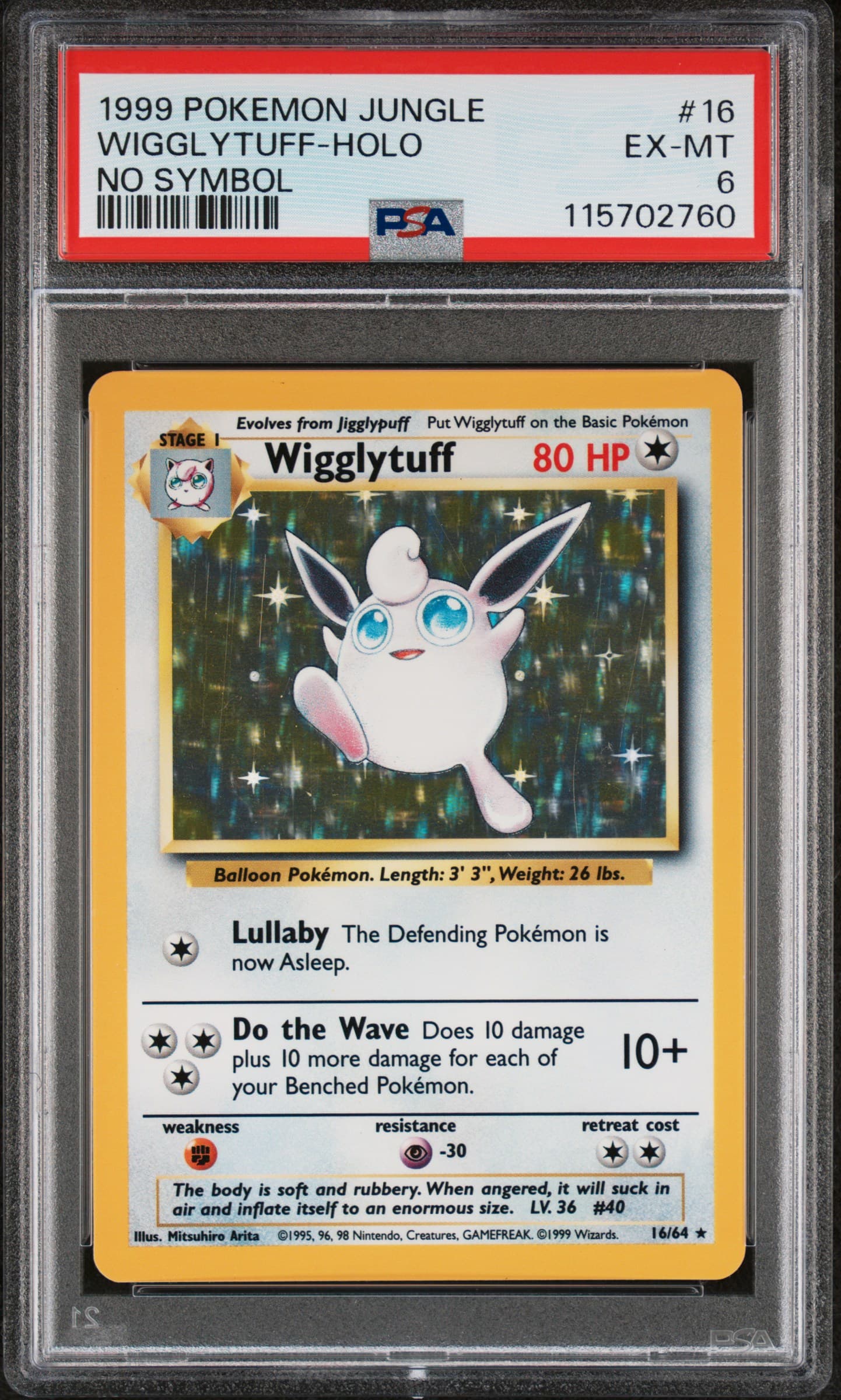 1999 POKEMON JUNGLE WIGGLYTUFF-HOLO #16 NO SYMBOL EX-MT 6 115702760