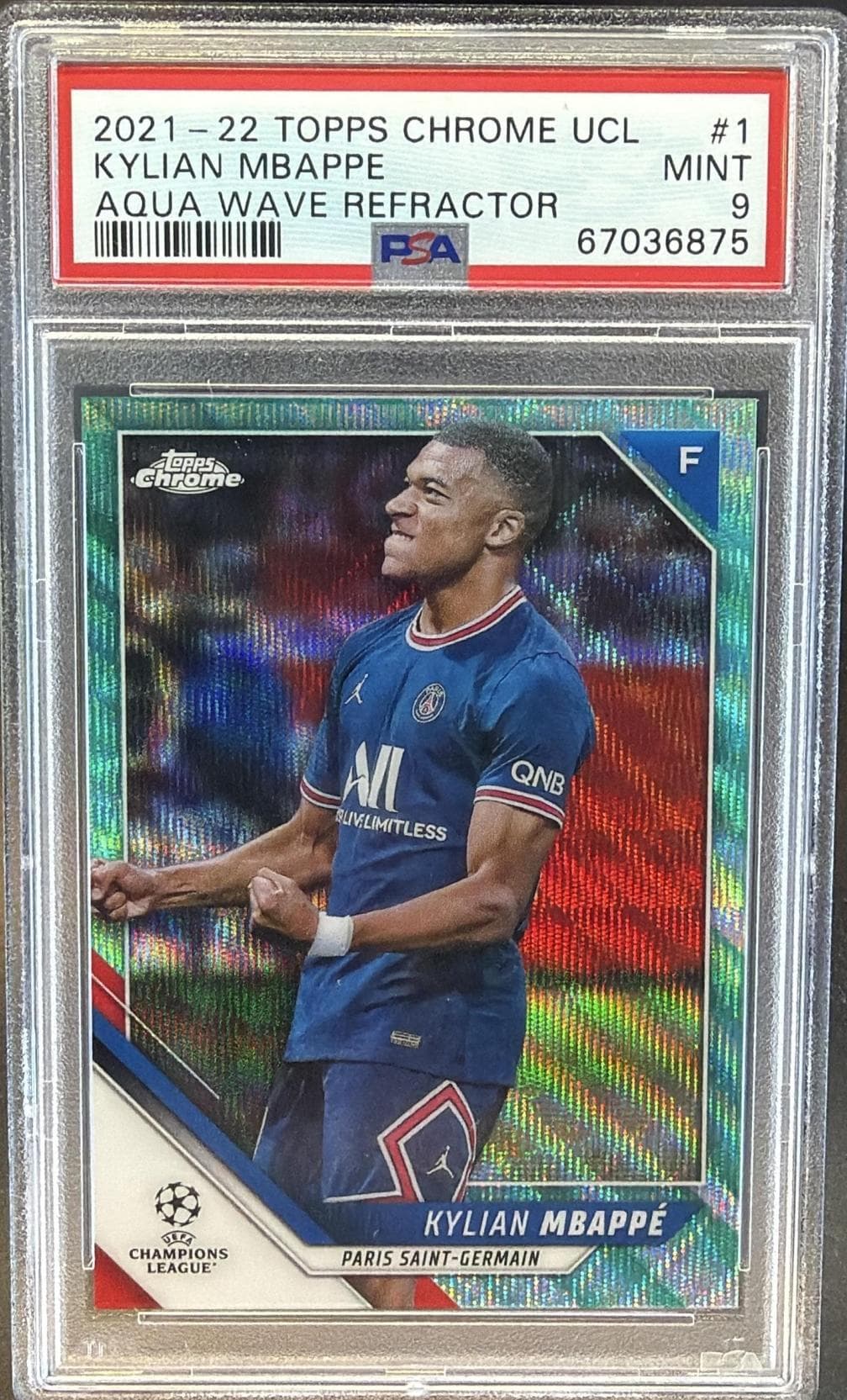 2021 TOPPS CHROME UEFA CHAMPIONS LEAGUE KYLIAN MBAPPE #1 AQUA WAVE REFRACTOR MINT 9 67036875