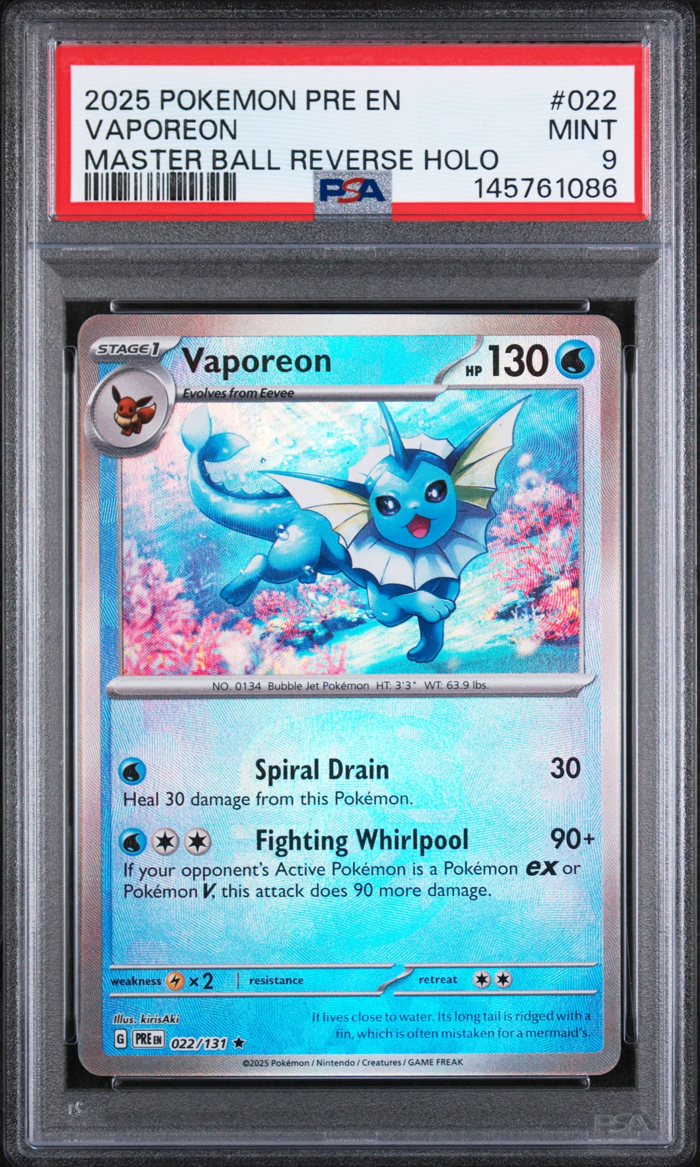 2025 POKEMON PRE EN-PRISMATIC EVOLUTIONS VAPOREON #022 MASTER BALL REVERSE HOLO MINT 9 145761086