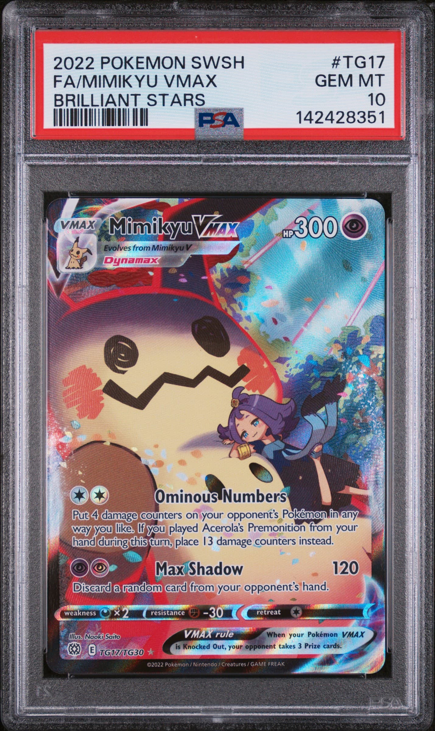 2022 POKEMON SWORD & SHIELD BRILLIANT STARS FA/MIMIKYU VMAX #TG17 BRILLIANT STARS GEM MT 10 142428351