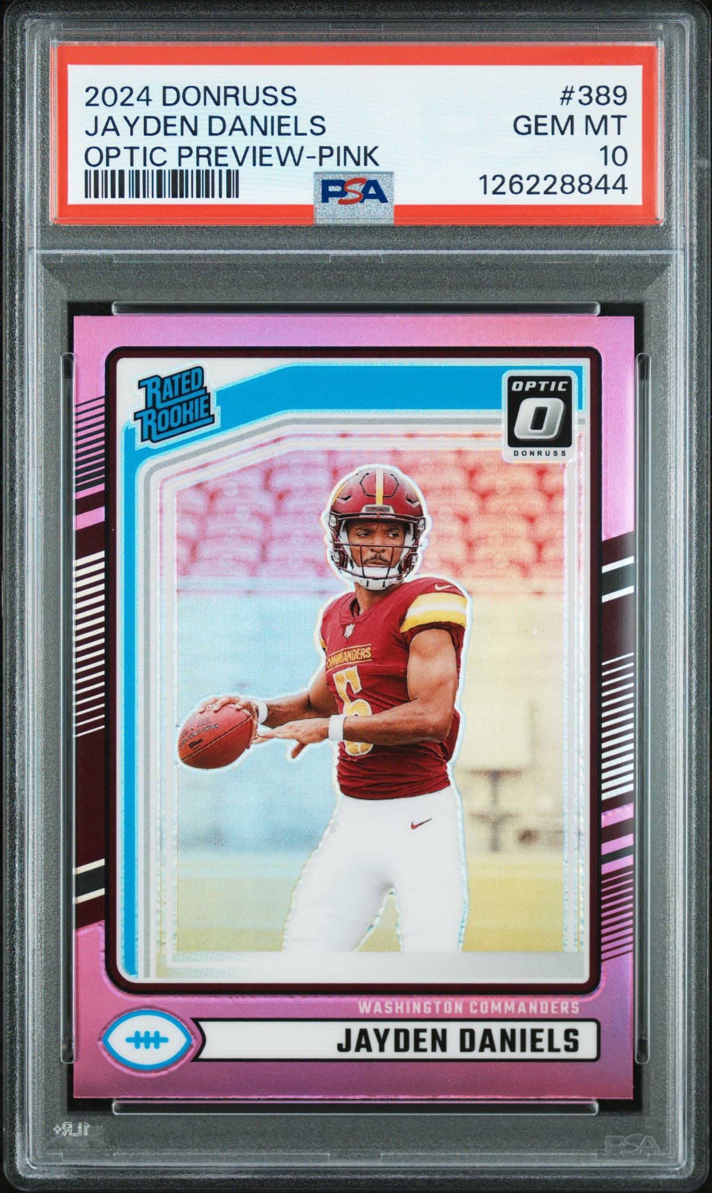 2024 PANINI DONRUSS JAYDEN DANIELS #389 OPTIC PREVIEW-PINK GEM MT 10 126228844