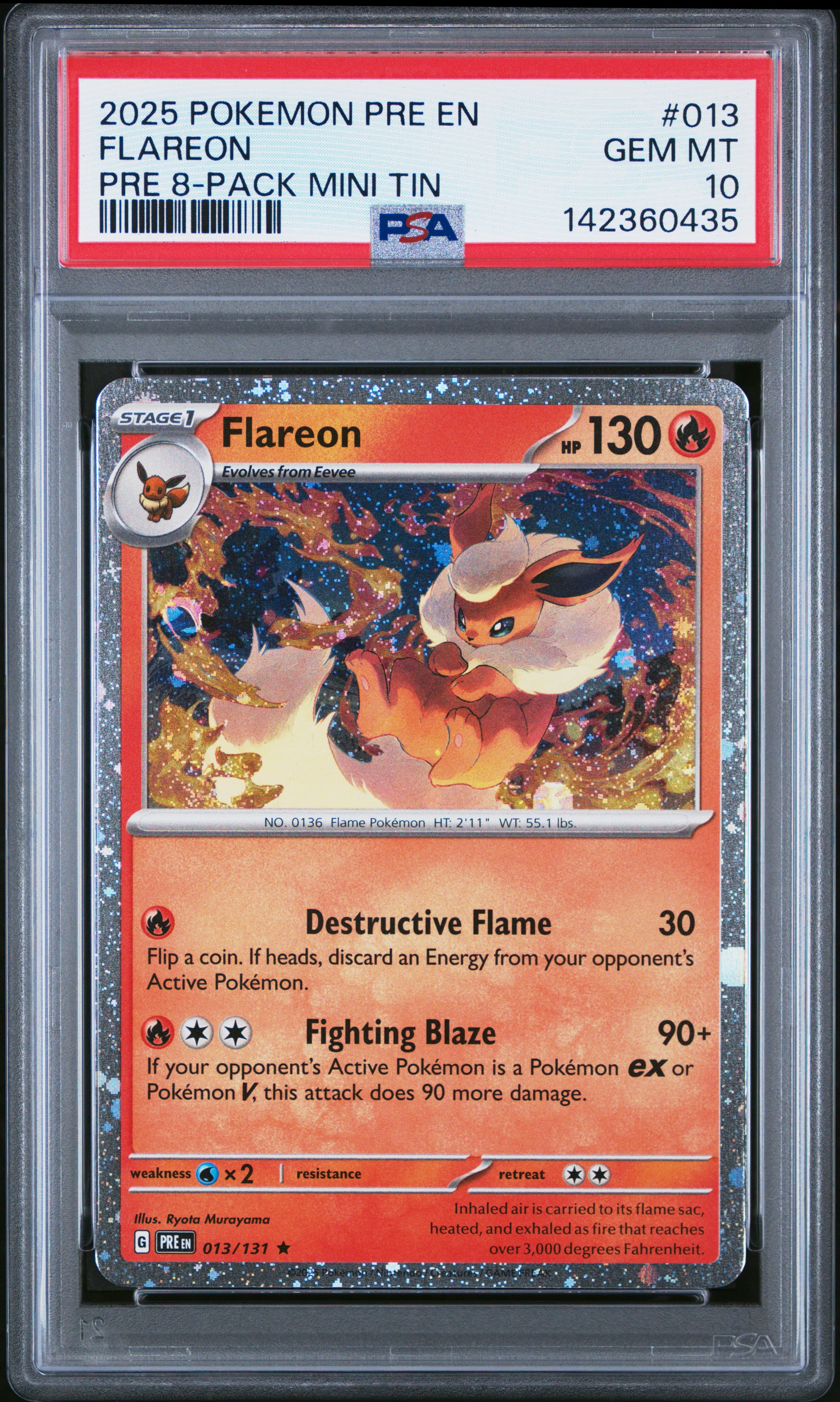 2025 POKEMON PRE EN-PRISMATIC EVOLUTIONS FLAREON #013 PRE 8-PACK MINI TIN GEM MT 10 142360435