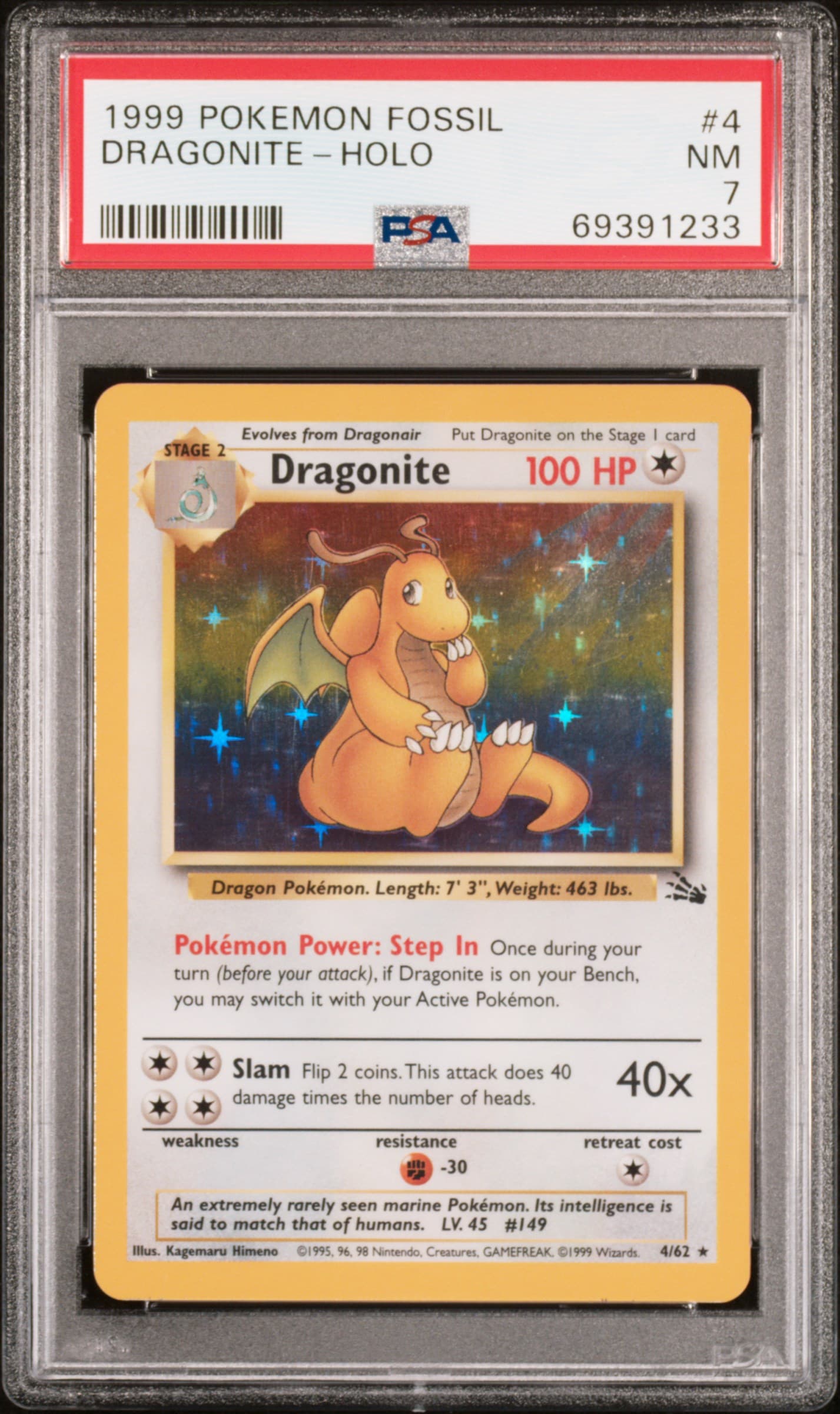 1999 POKEMON FOSSIL DRAGONITE-HOLO #4 NM 7 69391233