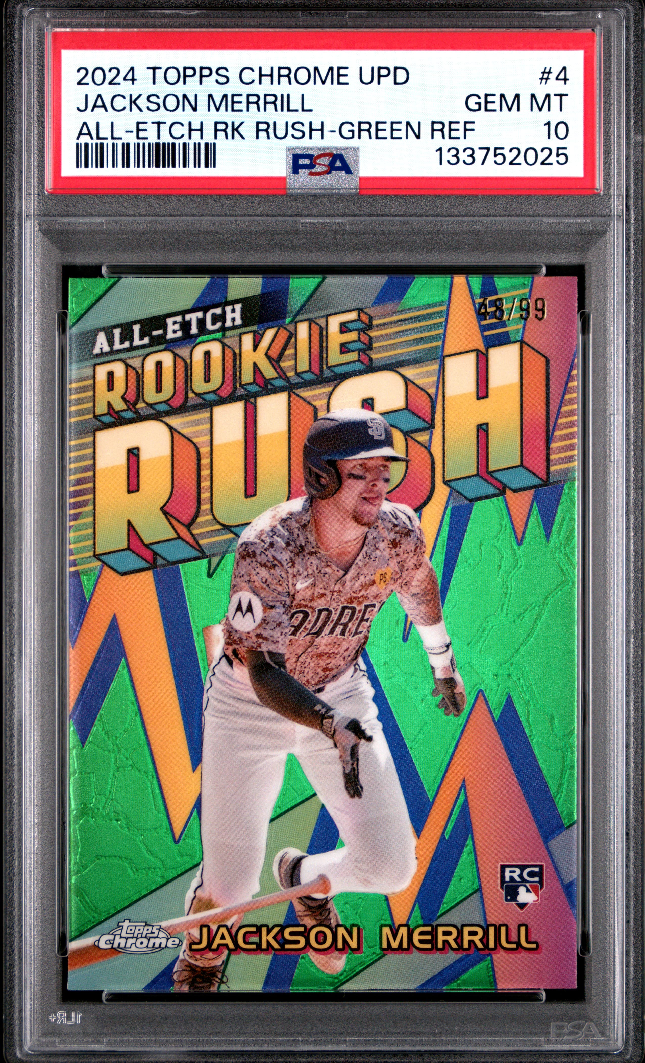 2024 TOPPS CHROME UPDATE CHROME ALL-ETCH ROOKIE RUSH JACKSON MERRILL #4 ALL-ETCH RK RUSH-GREEN REF GEM MT 10 133752025