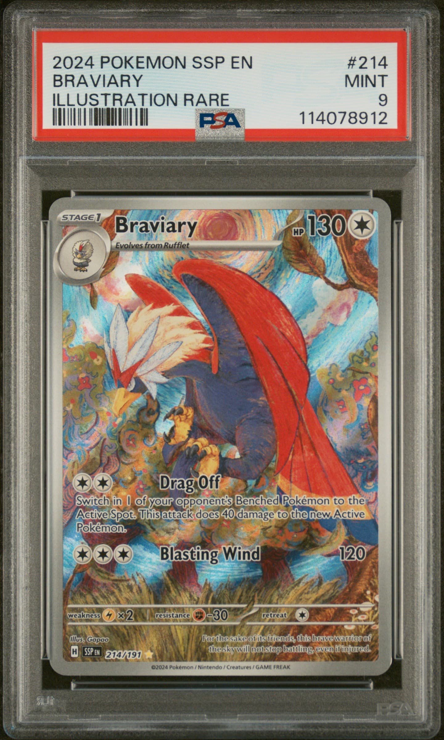 2024 POKEMON SSP EN-SURGING SPARKS BRAVIARY #214 ILLUSTRATION RARE MINT 9 114078912