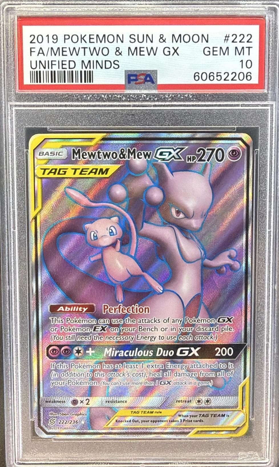 2019 POKEMON SUN & MOON UNIFIED MINDS FA/MEWTWO & MEW GX #222 UNIFIED MINDS GEM MT 10 60652206