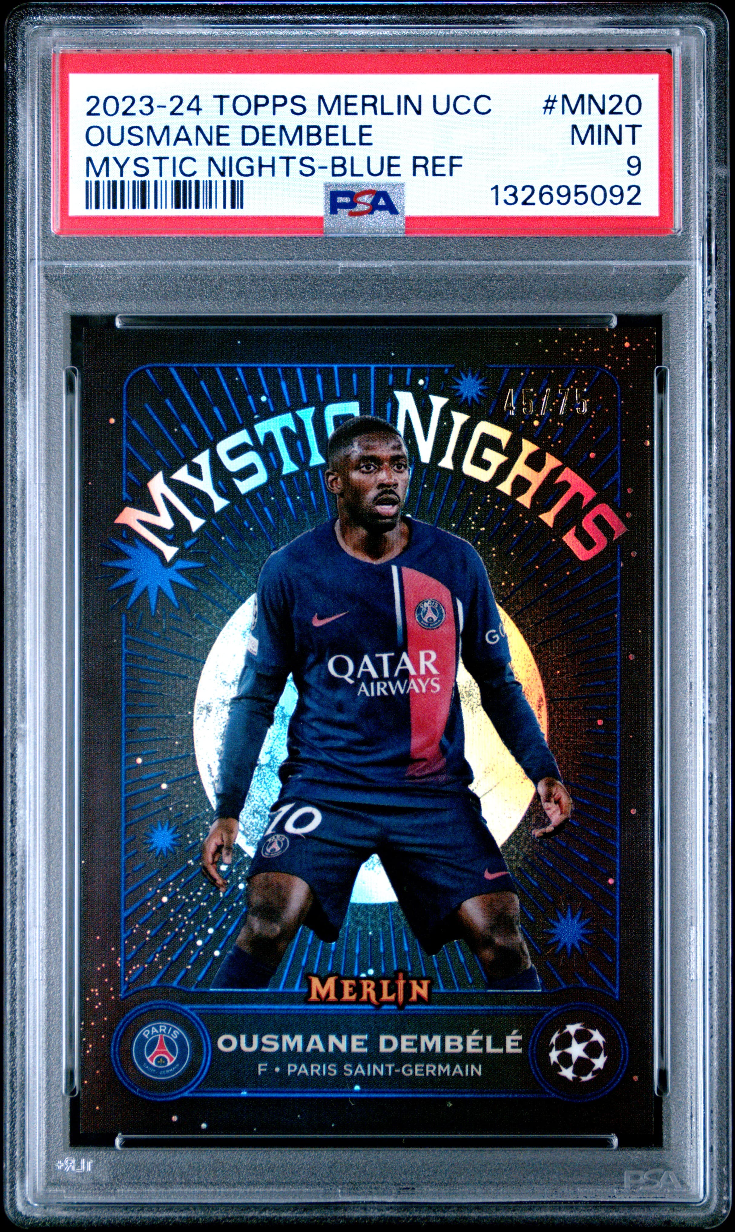 2023-24 TOPPS MERLIN UEFA CLUB COMPETITIONS MYSTIC NIGHTS OUSMANE DEMBELE #MN20 MYSTIC NIGHTS-BLUE REF MINT 9 132695092