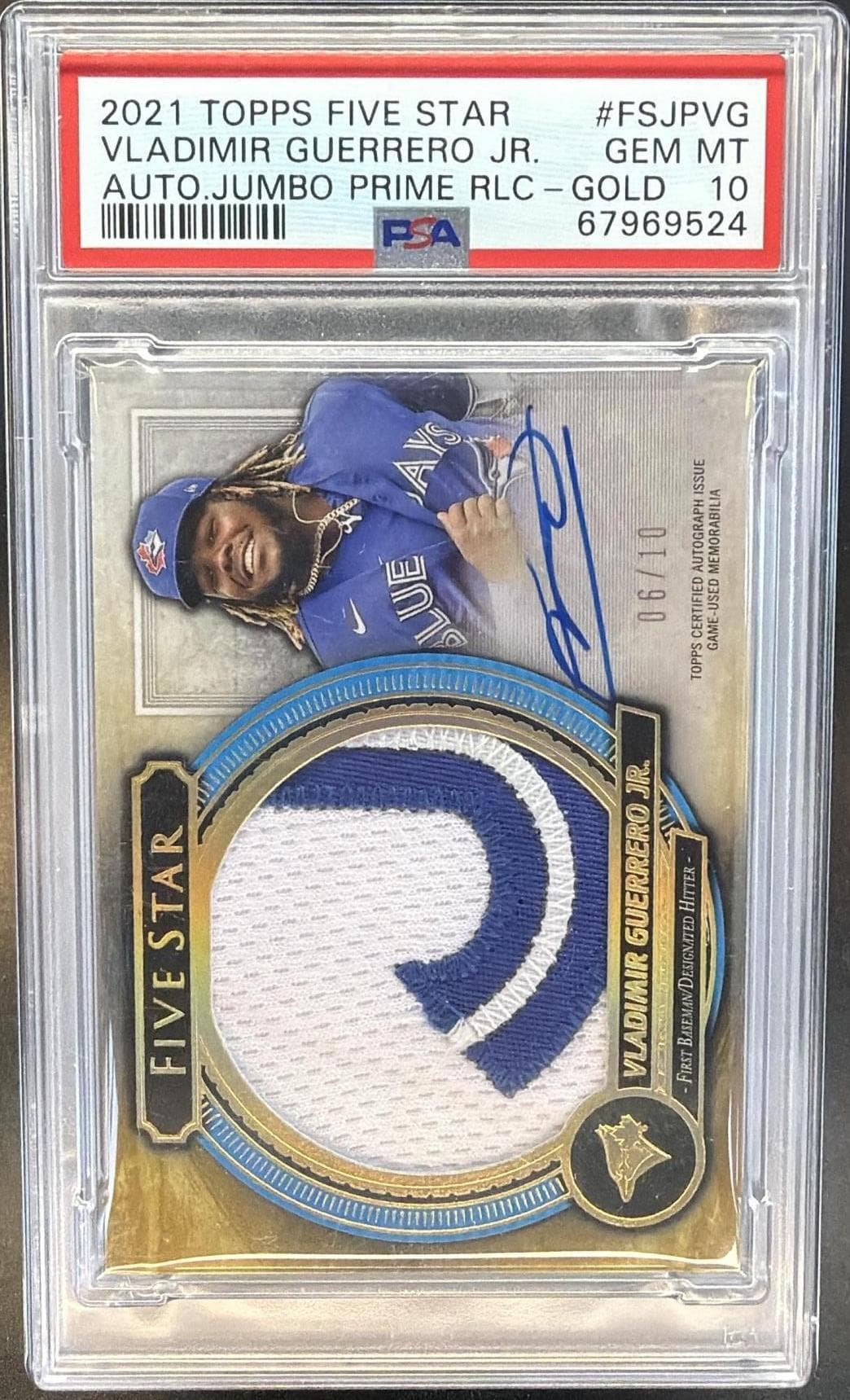2021 TOPPS FIVE STAR AUTOGRAPHED JUMBO PRIME RELICS VLADIMIR GUERRERO JR. #FSJPVG AUTO.JUMBO PRIME RLC-GOLD GEM MT 10 67969524