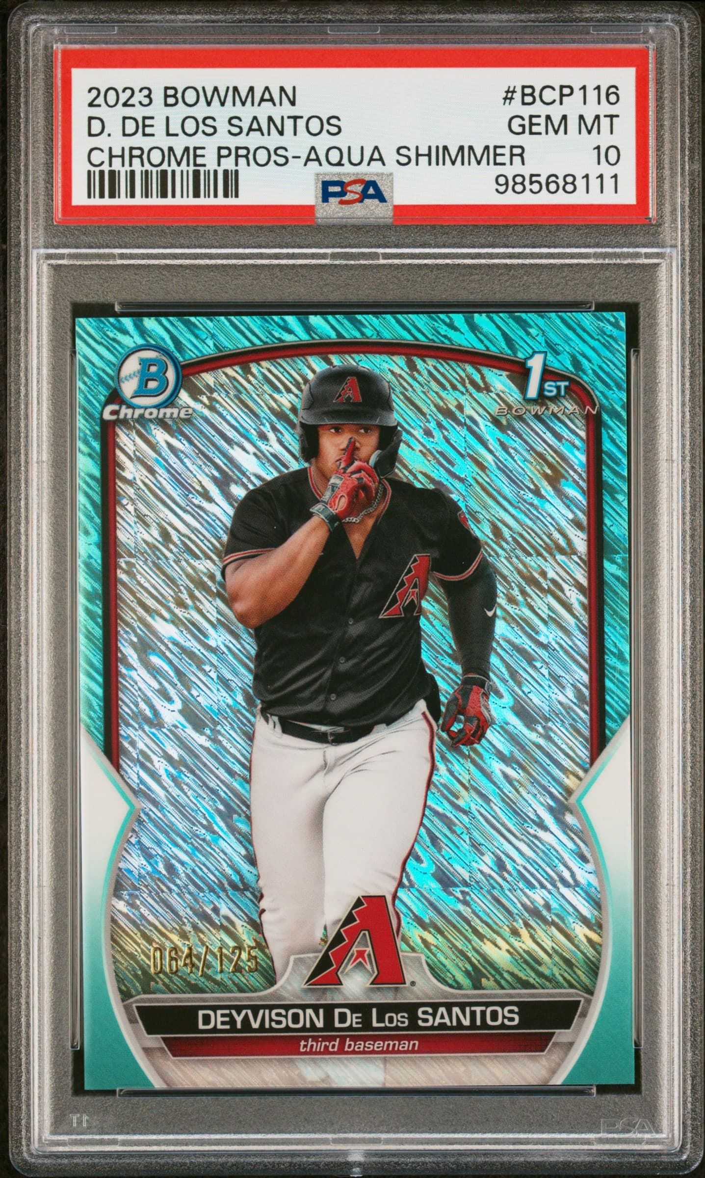 2023 BOWMAN CHROME PROSPECTS D. DE LOS SANTOS #BCP116 CHROME PROS-AQUA SHIMMER GEM MT 10 98568111