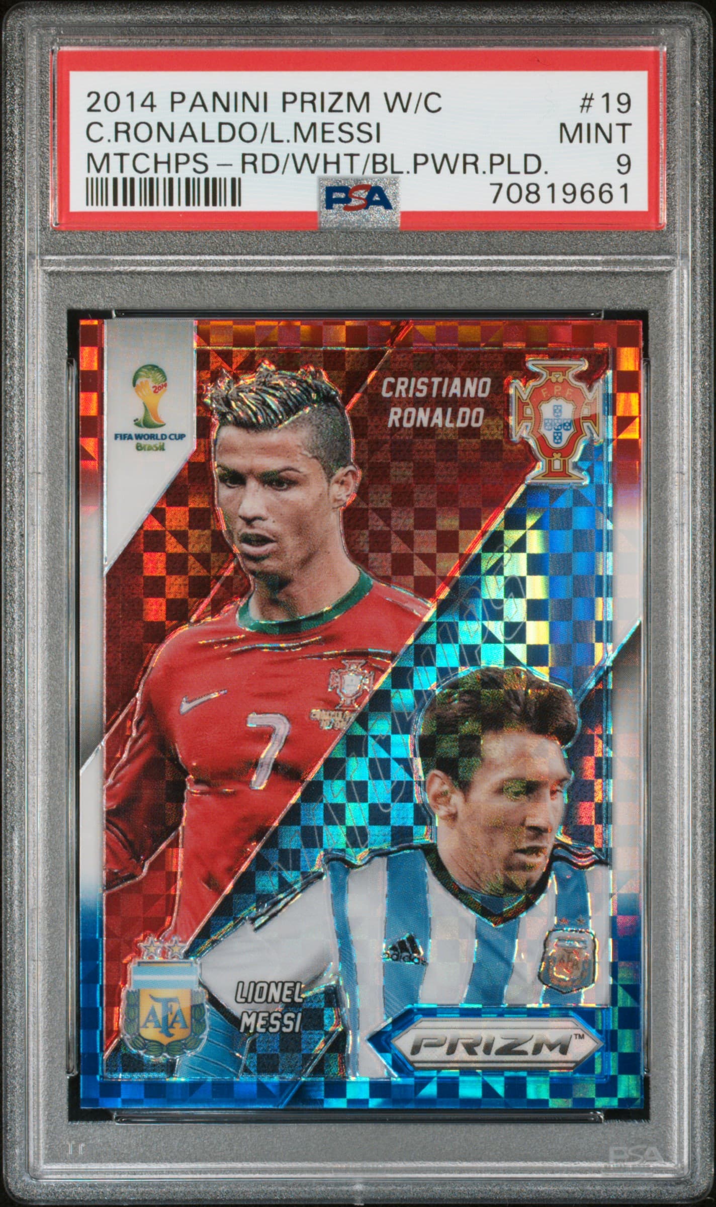 2014 PANINI PRIZM WORLD CUP MATCHUPS C.RONALDO/L.MESSI #19 MTCHPS-RD/WHT/BL.PWR.PLD. MINT 9 70819661