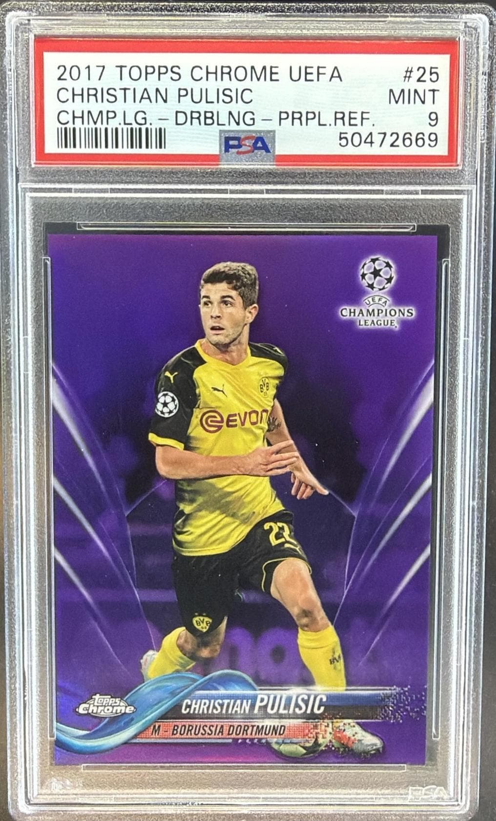2017 TOPPS CHROME UEFA CHAMPIONS LEAGUE CHRISTIAN PULISIC #25 DRBBLNG-PURPLE REFRACTOR MINT 9 50472669
