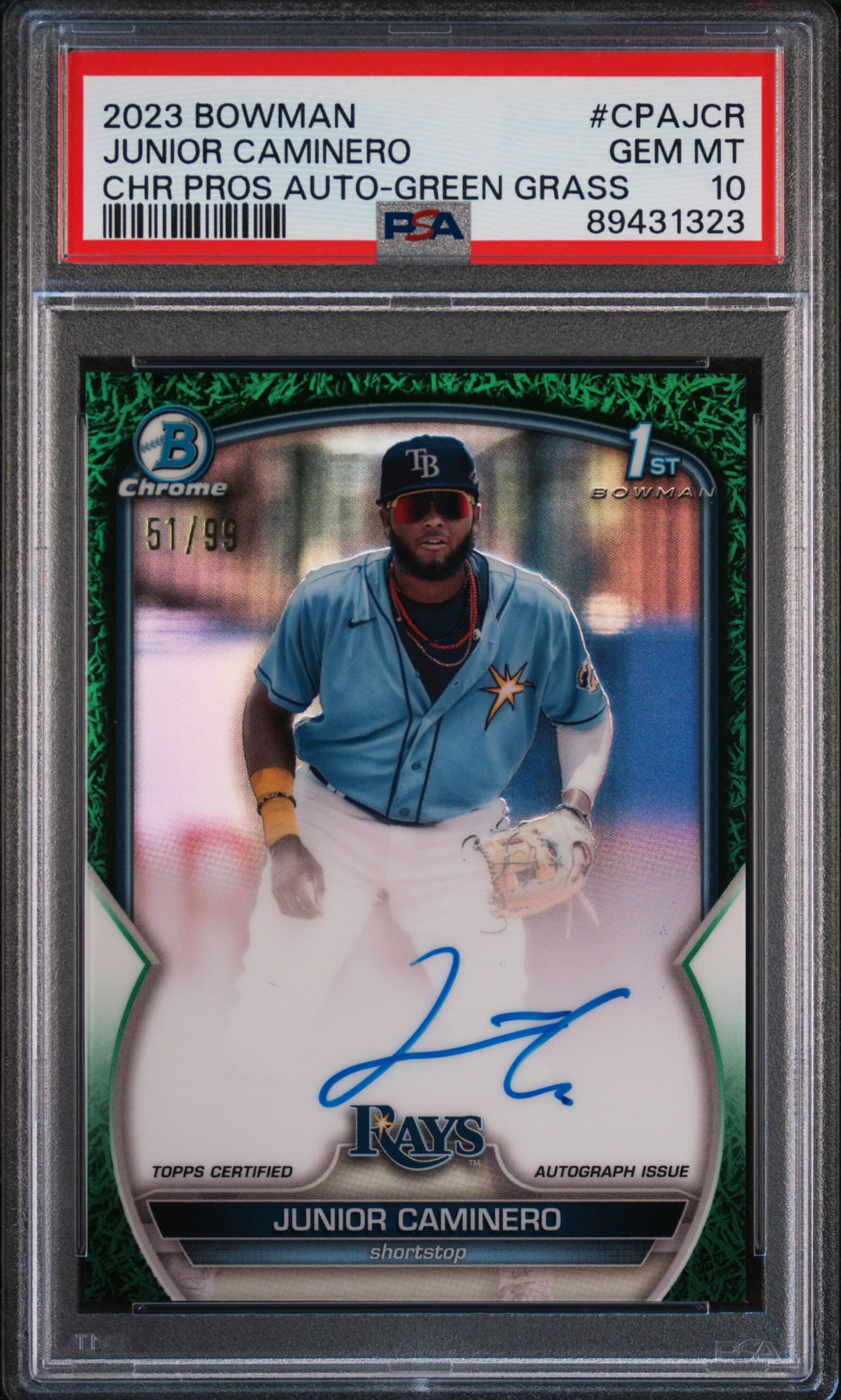 2023 BOWMAN CHROME PROSPECT AUTOGRAPHS JUNIOR CAMINERO #CPAJCR CHR PROS AU-GREEN GRASS REF GEM MT 10 89431323
